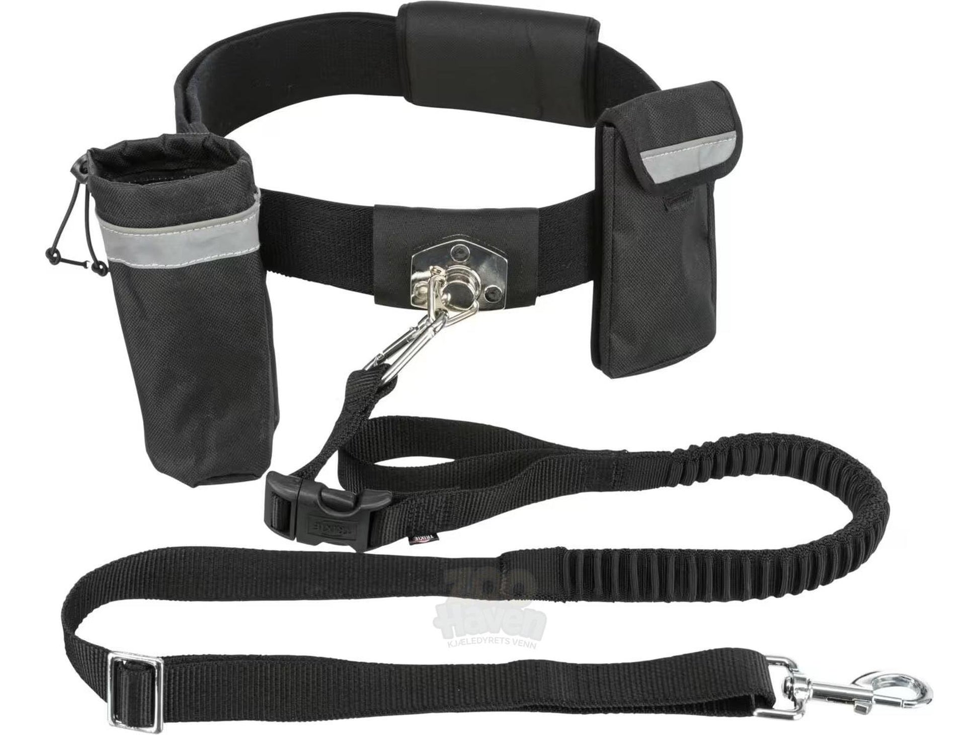 Svart Trixie Joggeline joggebelte med polstring, refleksdetaljer, avtagbare lommer og elastisk hundeline.