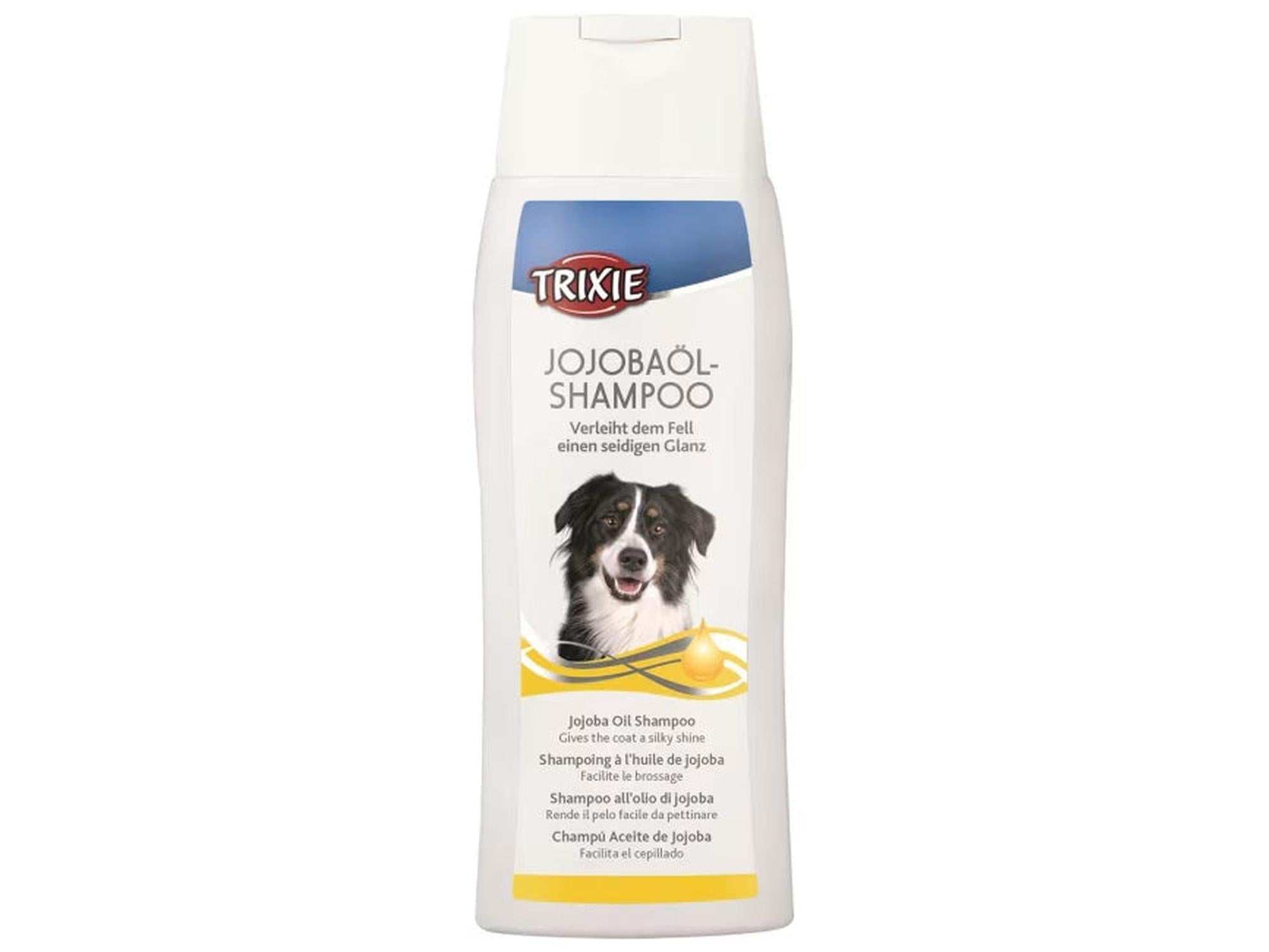 Trixie Jojoba Shampoo 250 ml flaske med bilde av en hund og jojobaolje.