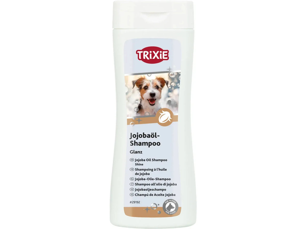 Trixie Jojoba Shampoo 250 ml (Jojobaöl-Shampoo) – hvit flaske med bilde av hund, for silkemyk glans