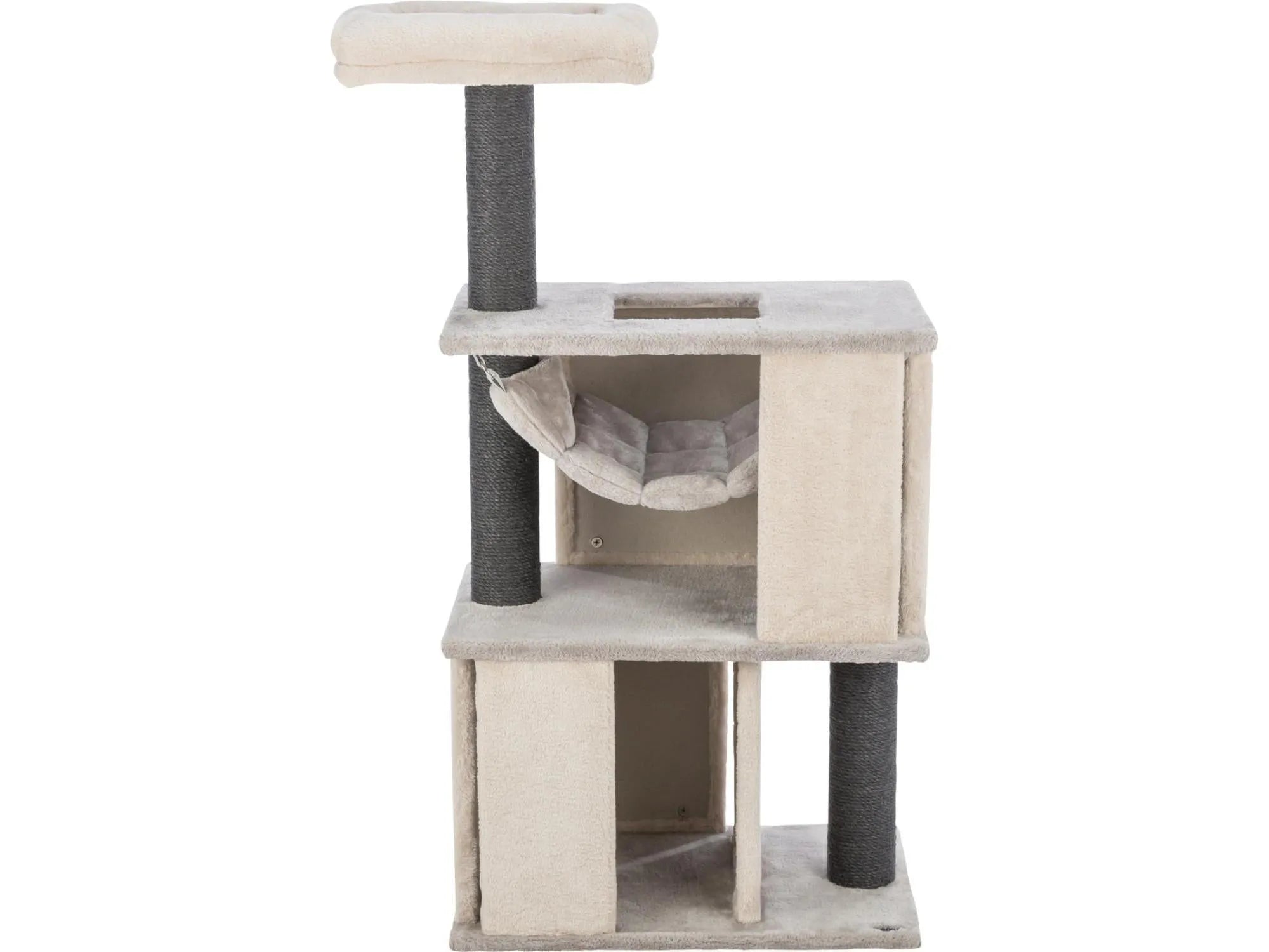 Beige Trixie Juliano klorestativ med sisalstolper, flere nivåer, hule og hengekøye for katter.