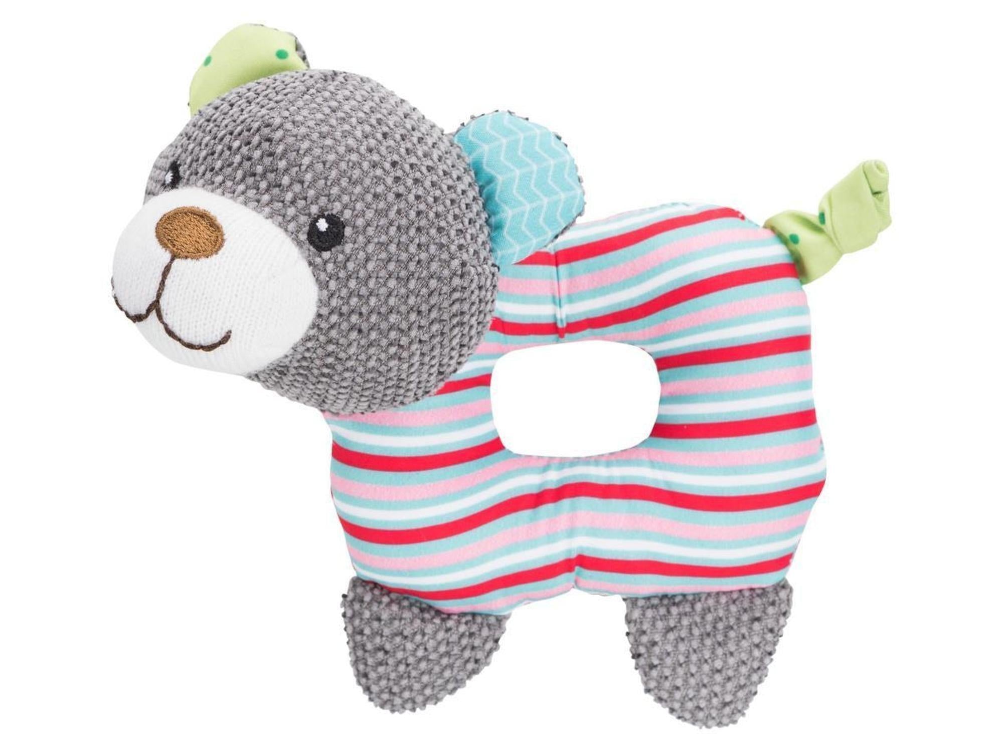 Myk Trixie Junior hundeleke bjørn med pip, grå hode, stripete kropp i rosa, blått, hvitt.