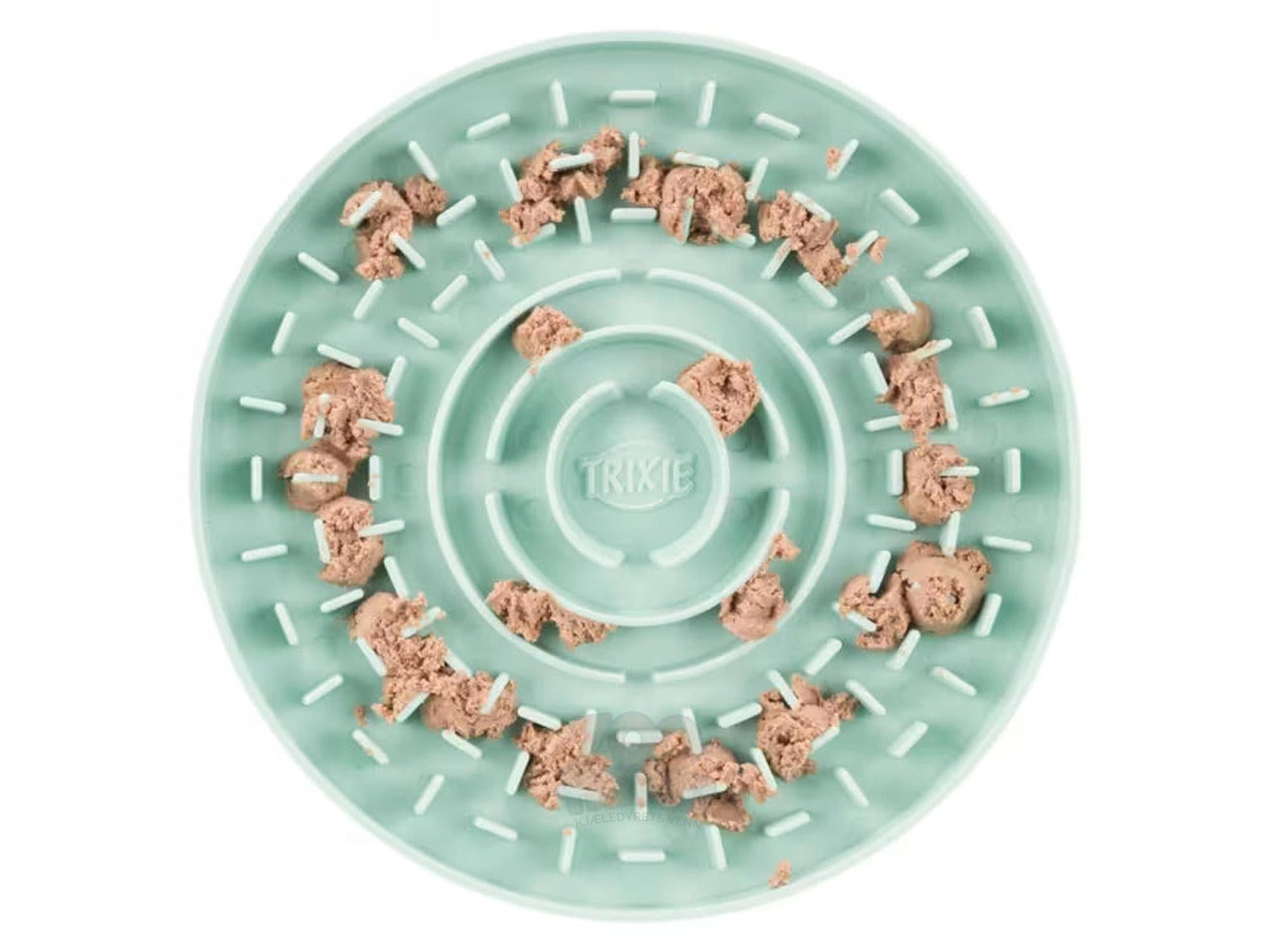 Mintgrønn Trixie Junior Lick’n’Snack slikkematte i TPR, Ø15 cm, fylt med våtfôr.