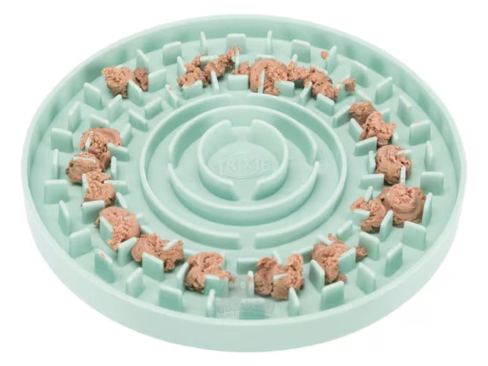 Mintgrønn Trixie Junior Lick’n’Snack slikkematte i TPR, 15 cm, med våtfôr i labyrintmønster.