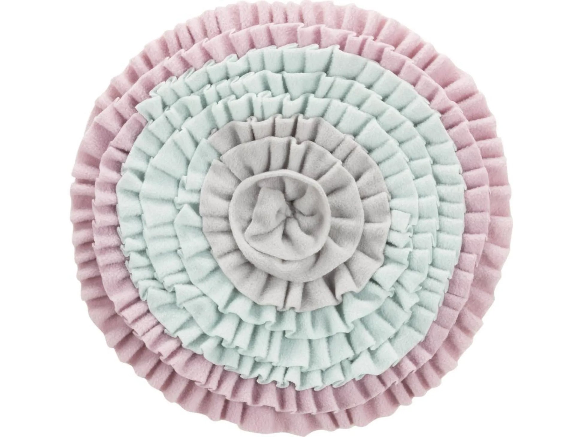 Rundt Trixie Junior snuseteppe i myk rosa, mintgrønn og grå polyester, Ø 38 cm.