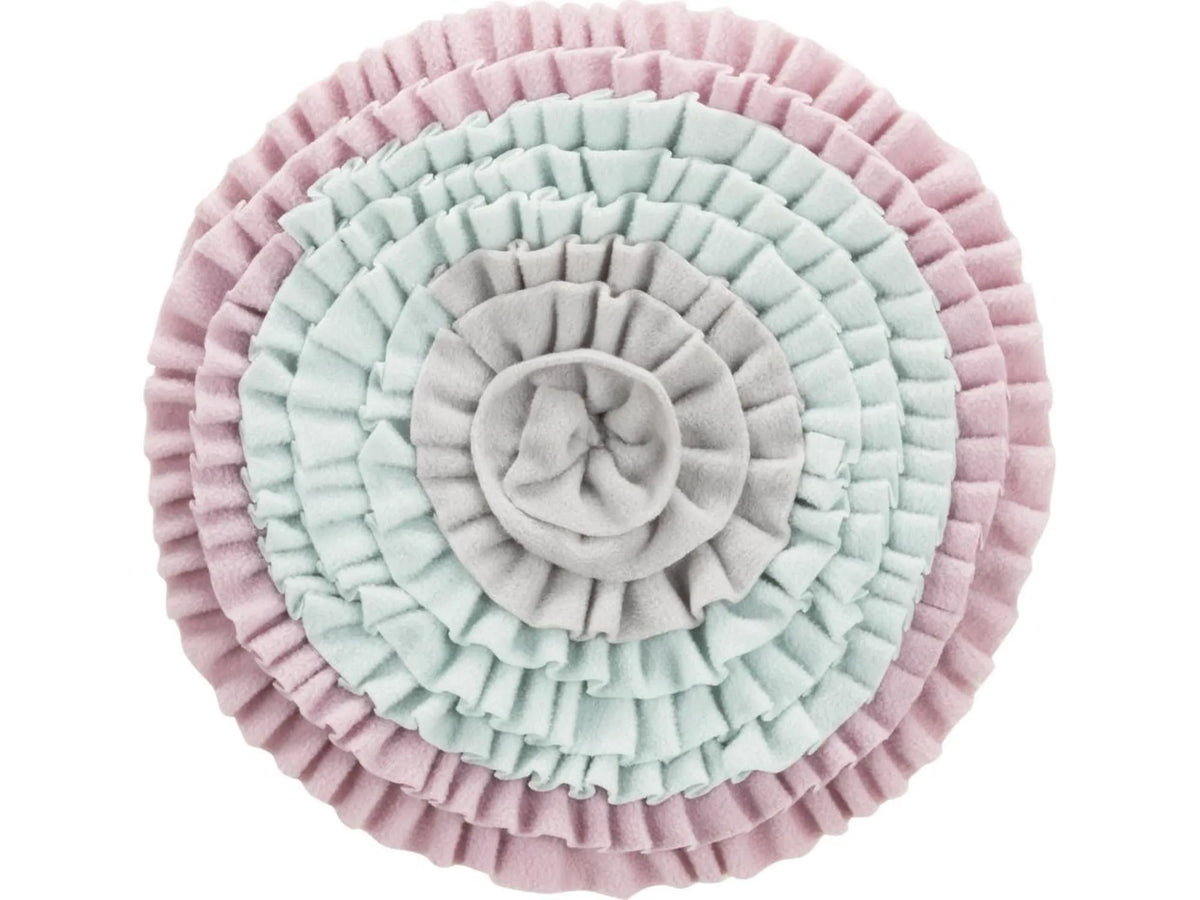 Rundt Trixie Junior snuseteppe i myk rosa, mintgrønn og grå polyester, Ø 38 cm.