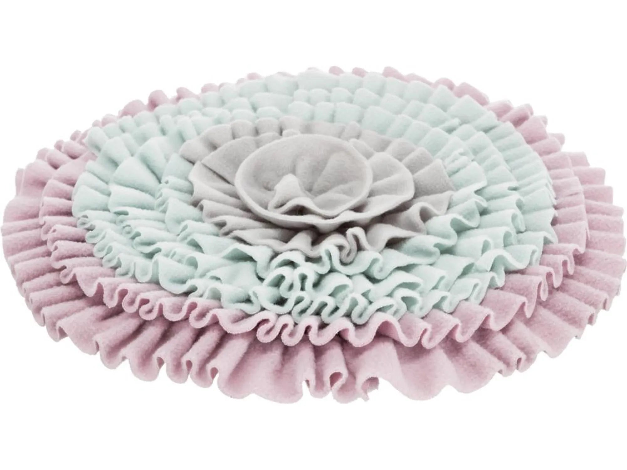 Rundt Trixie Junior snuseteppe i myk rosa, mintgrønn og grå polyester, med rynkete stofffolder for godbiter.