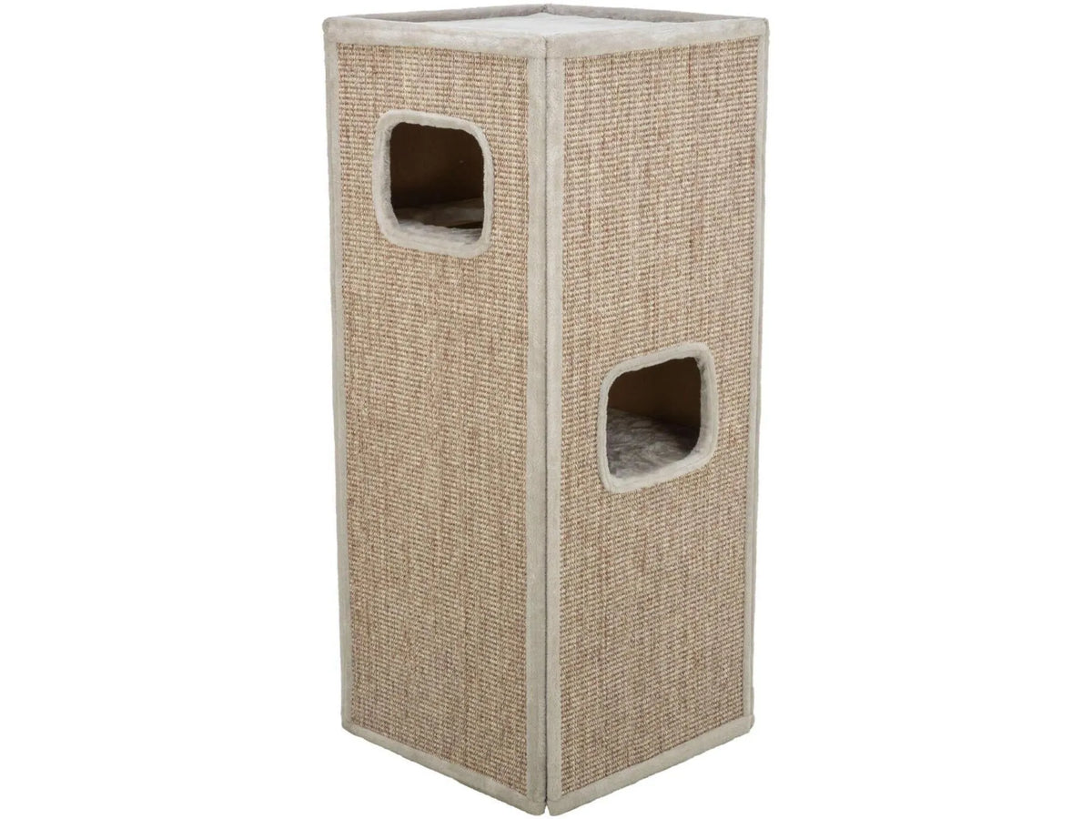 Beige Trixie Juno kattetårn med sisal kloreflater, to huler og myke liggeplasser.