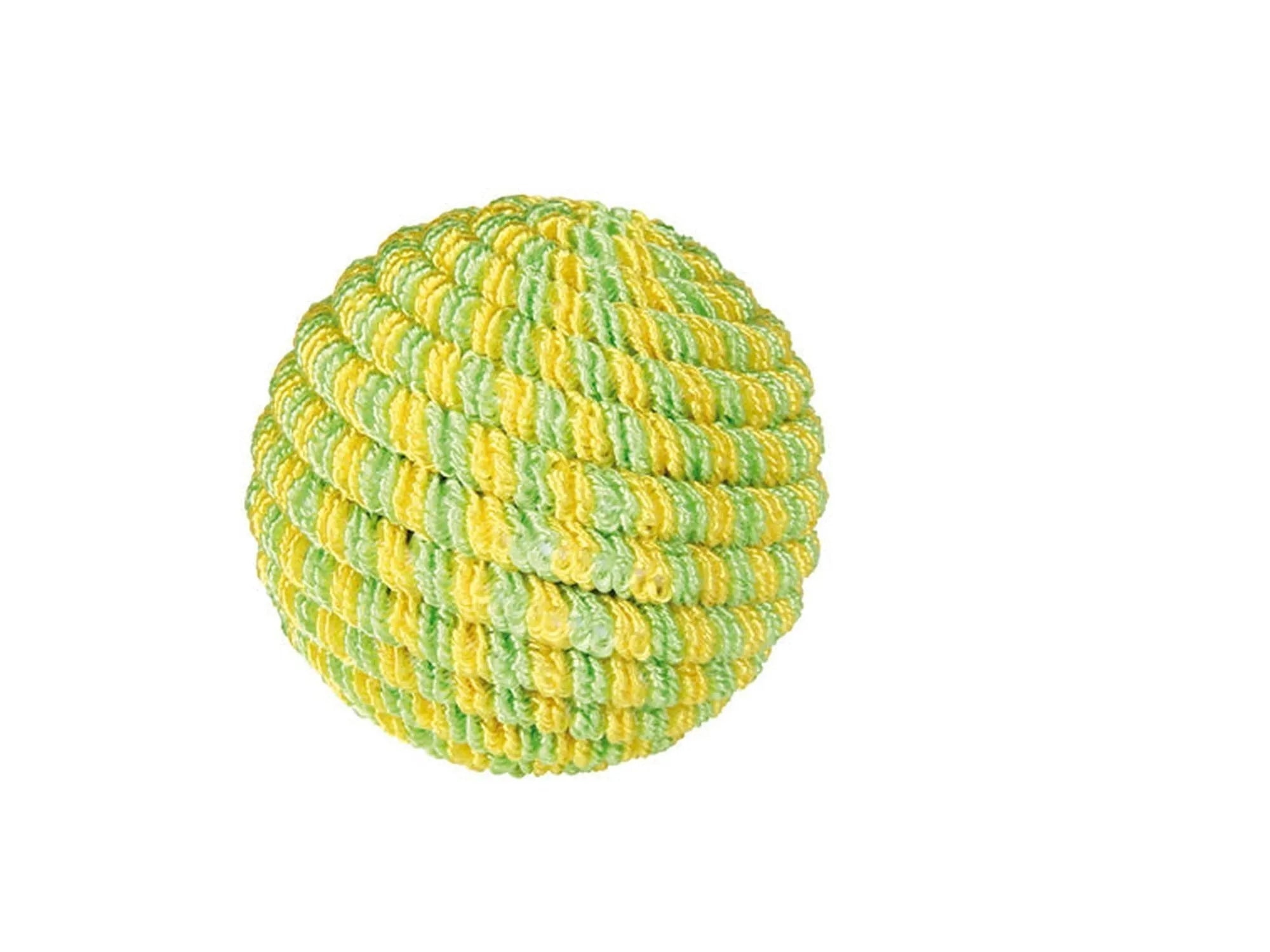Trixie katteleke spiralball i gult og grønt garn, ca. 4,5 cm diameter.