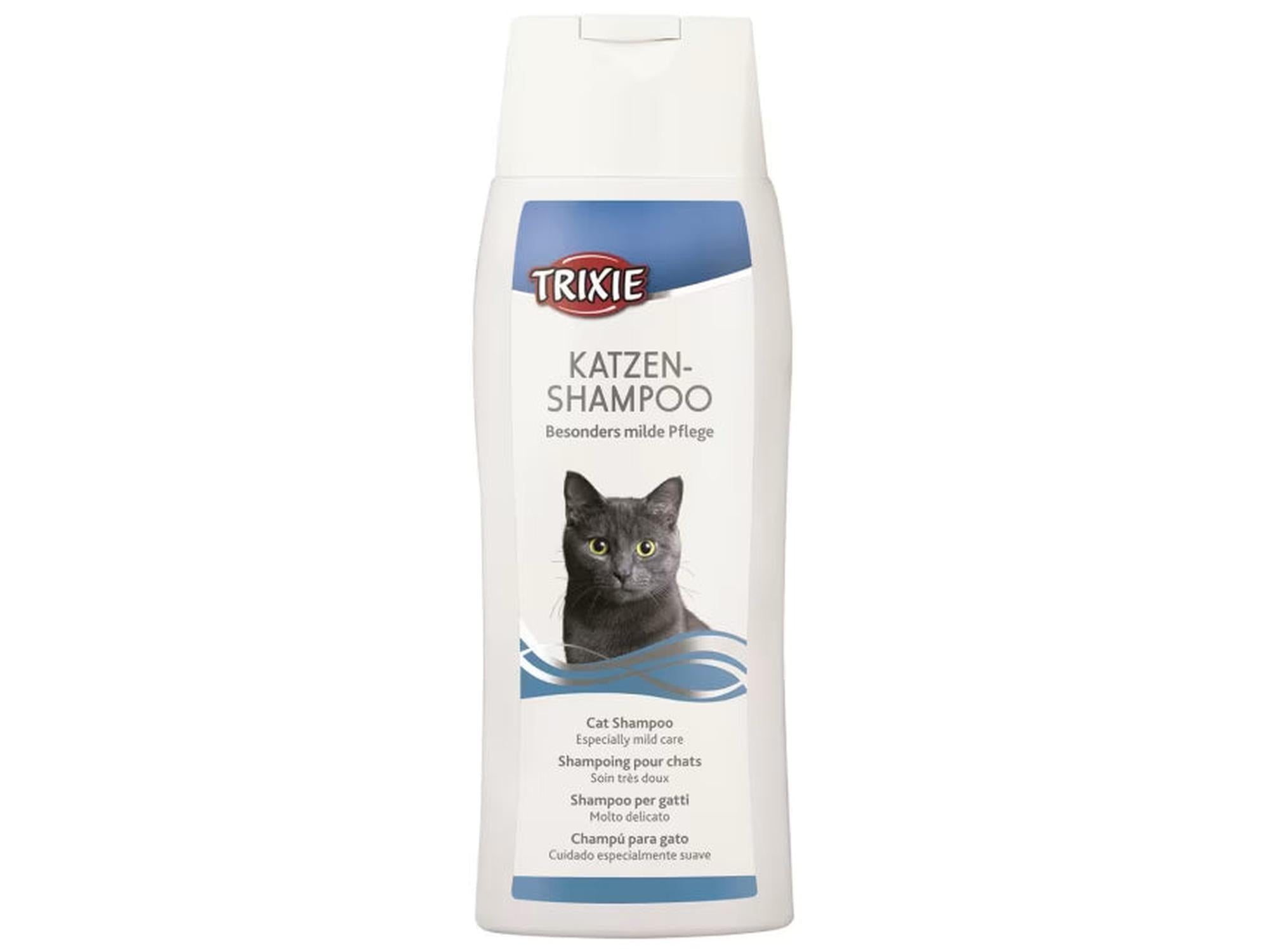 Hvit Trixie katteshampo 250 ml flaske med blå etikett, bilde av en grå katt og tekst på flere språk.