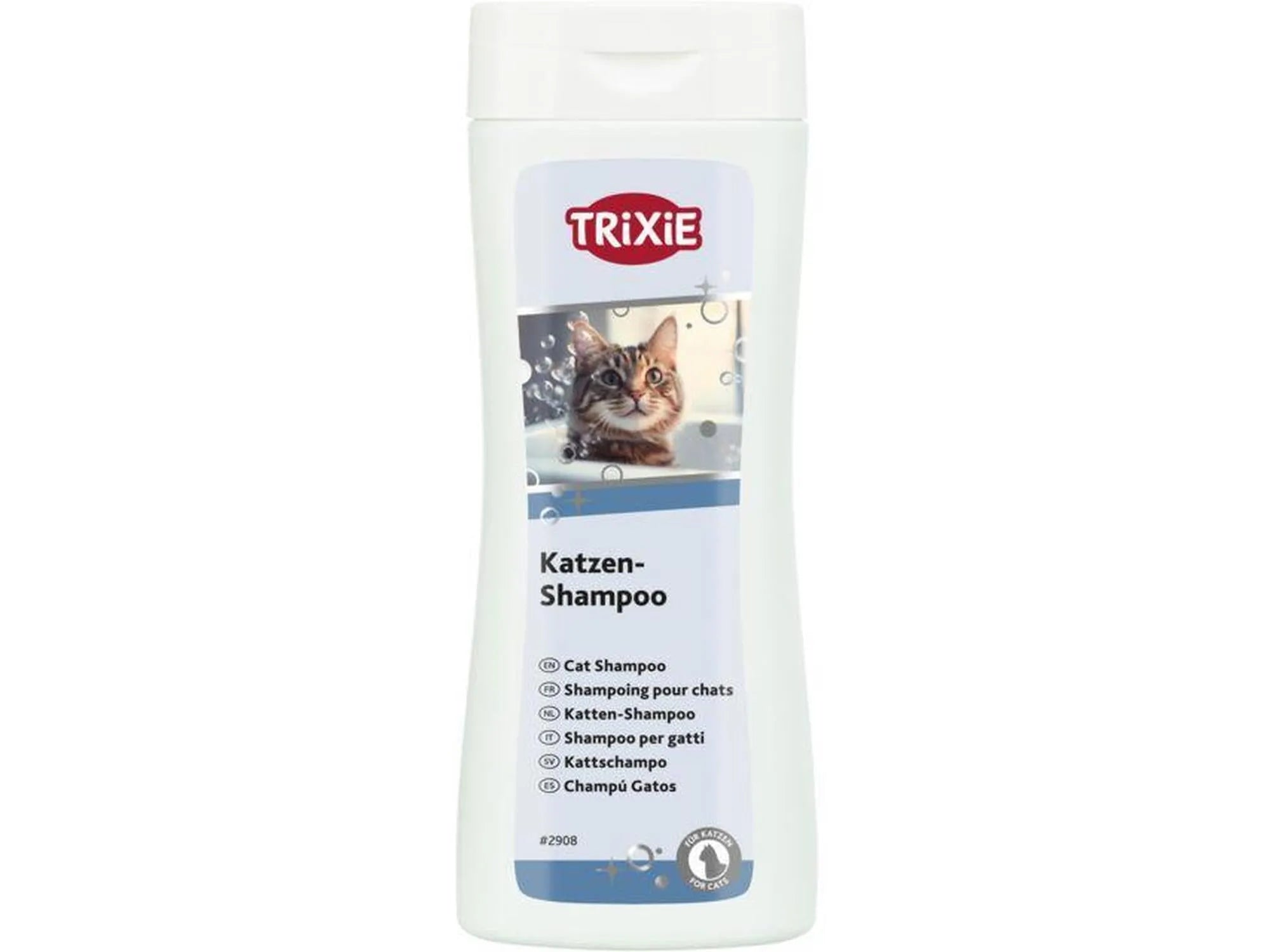 Hvit Trixie katteshampoo 250 ml flaske med bilde av en brunstripet katt og kamilleekstrakt.