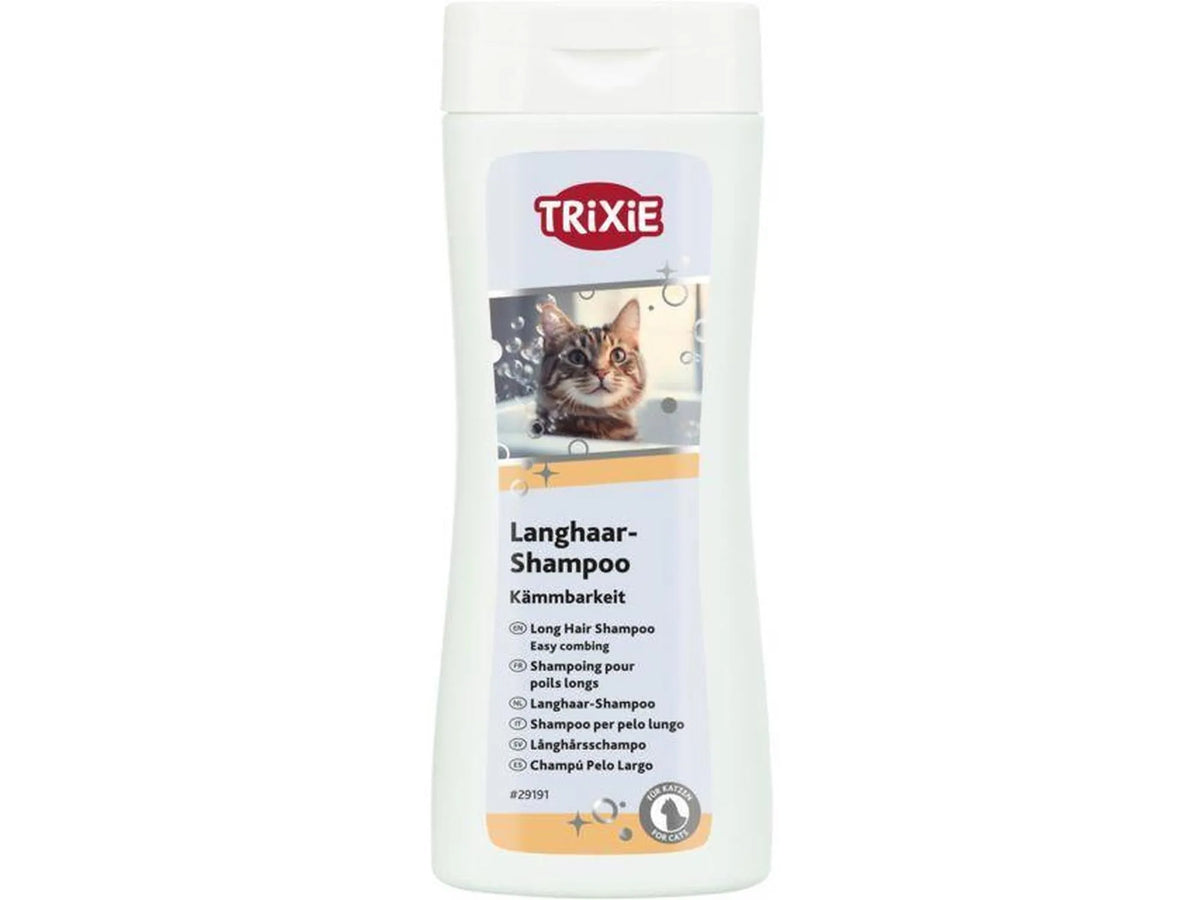 Trixie Langhår Katteshampoo 250 ml, hvit flaske med bilde av en katt og oransje detaljer.
