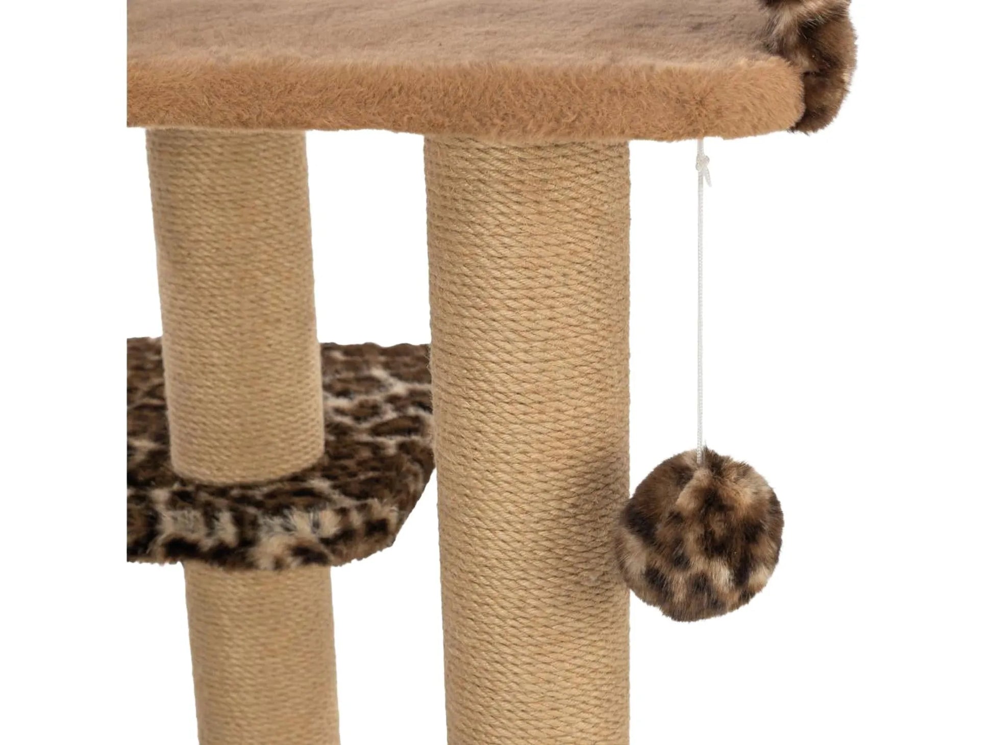 Trixie Leo kattetre med beige plysj, sisalstolper, leopardmønstret plattform og leketøy.