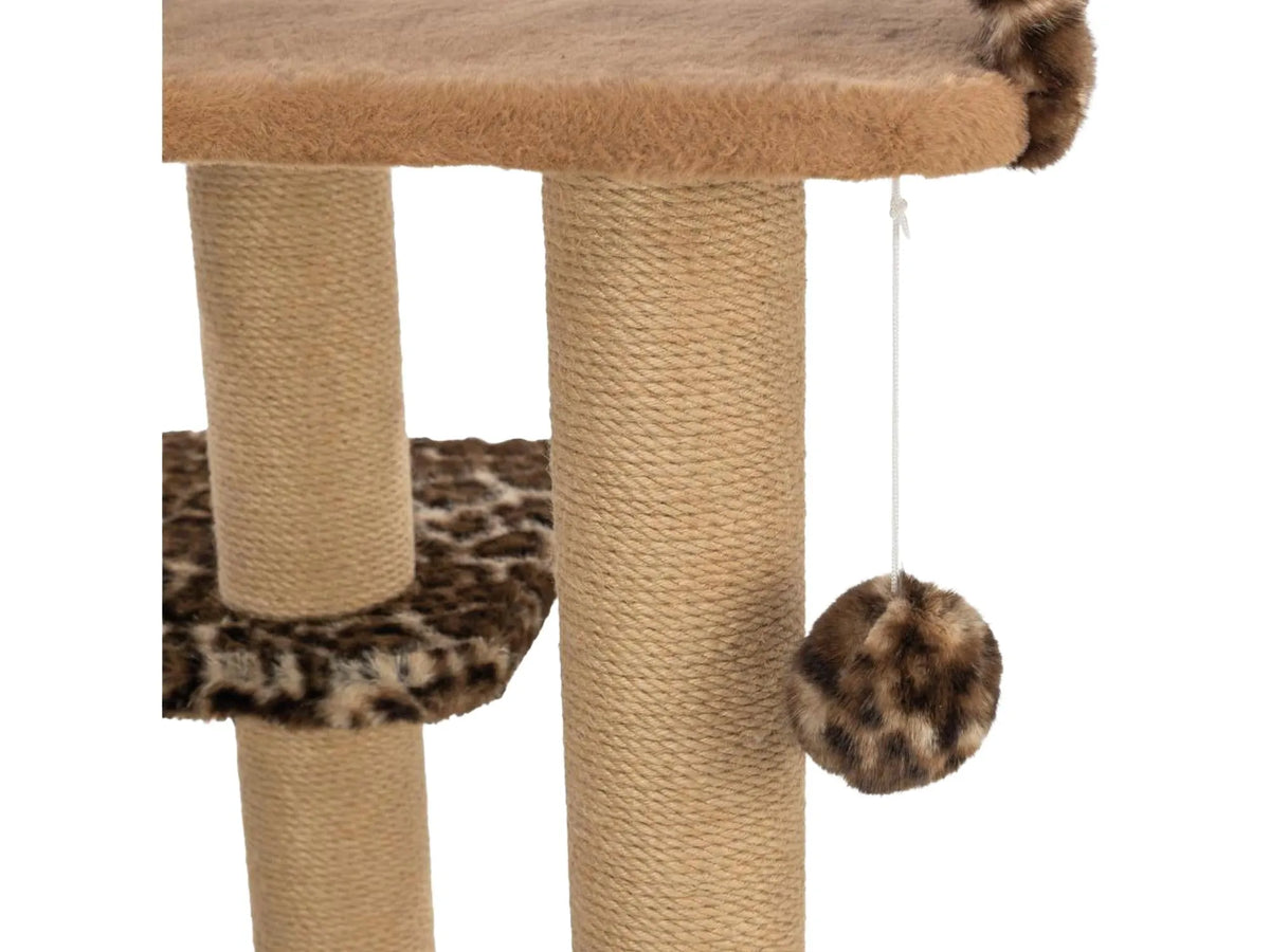 Trixie Leo kattetre med beige plysj, sisalstolper, leopardmønstret plattform og leketøy.