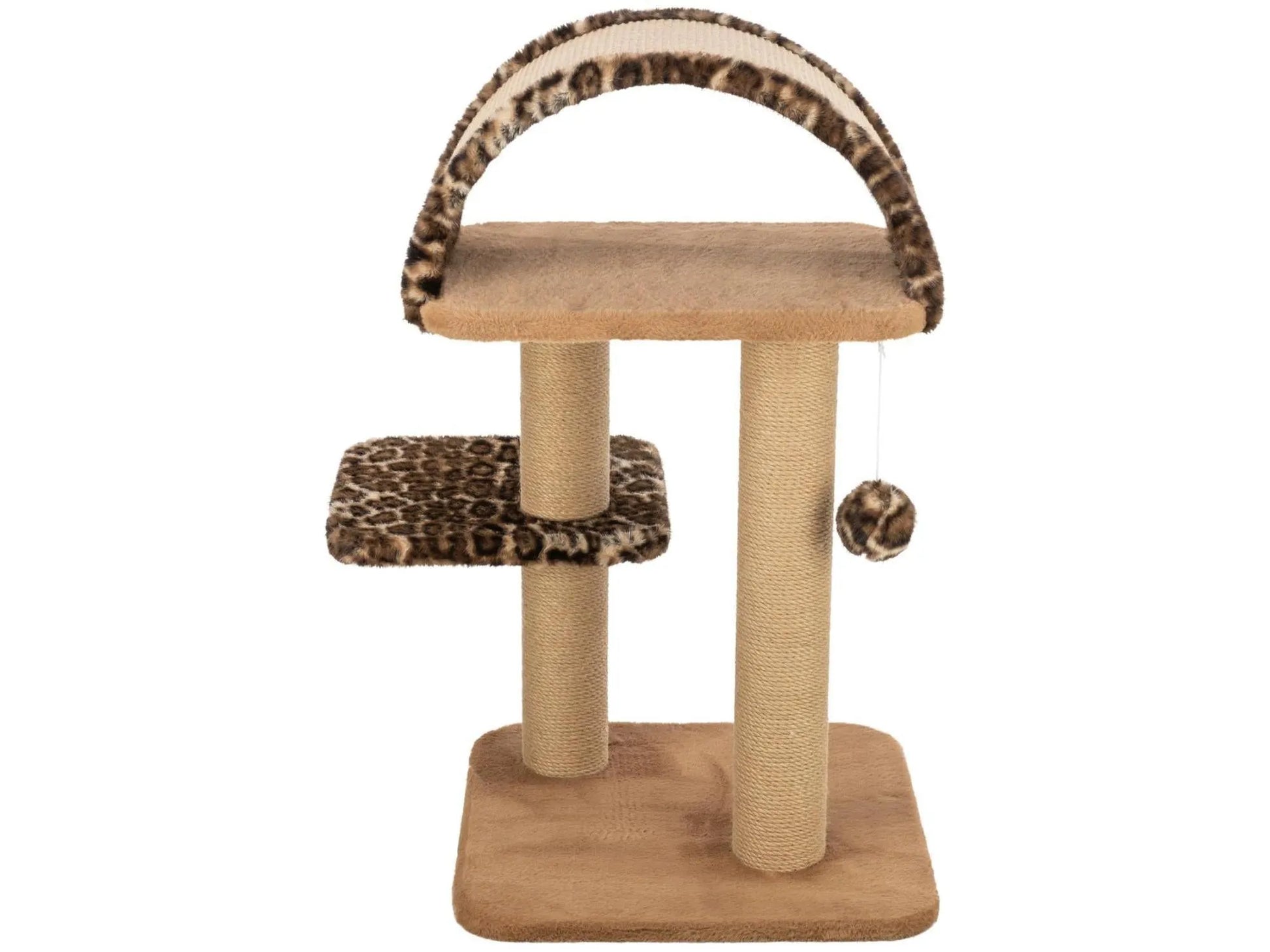 Trixie Leo kattetre med beige plysj, sisalstolper, leopardmønstrede plattformer og leketøy.