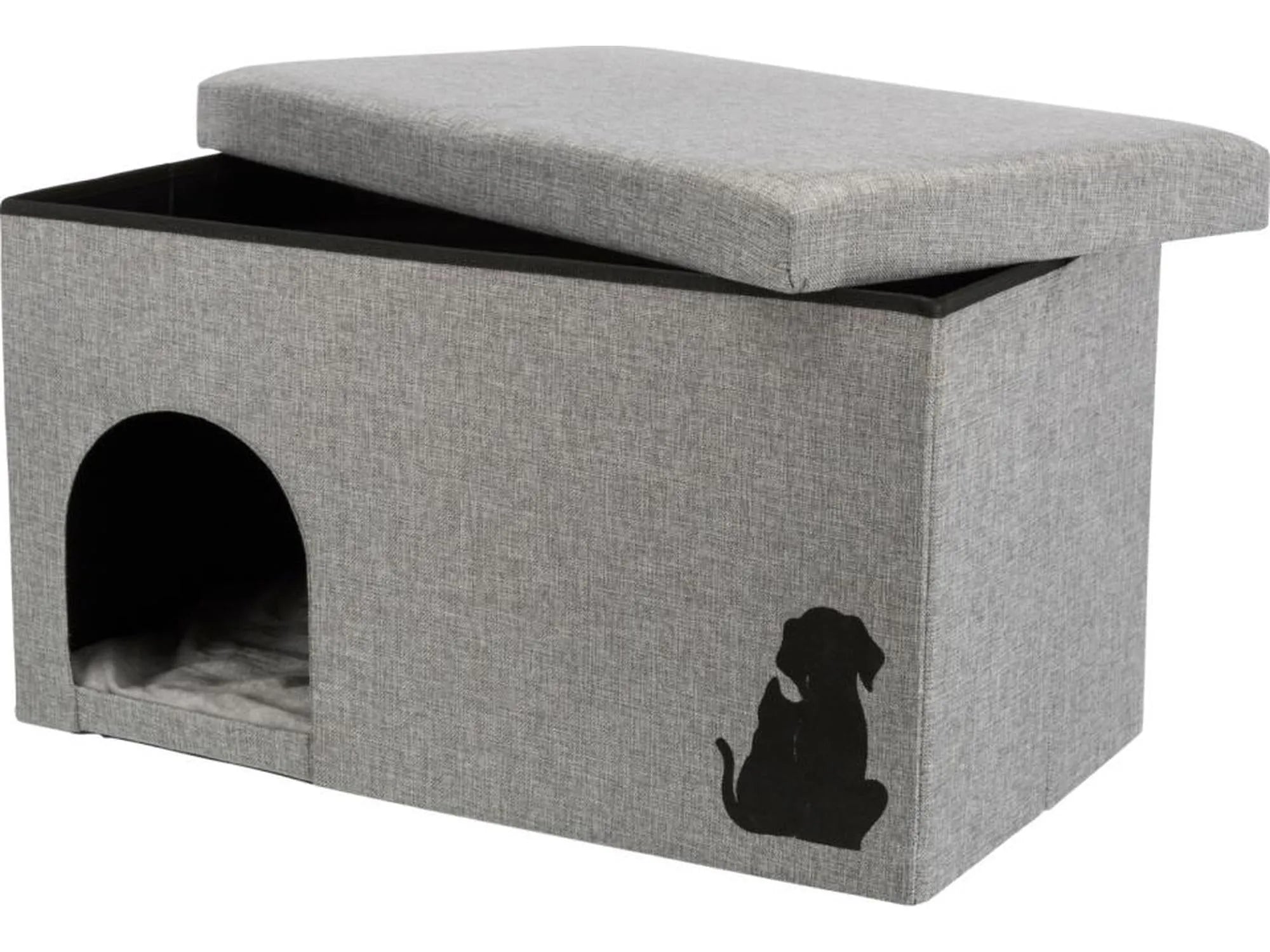 Trixie Kimy grå tekstilhule for katt, med avtagbart polstret lokk og hundesilhuett.