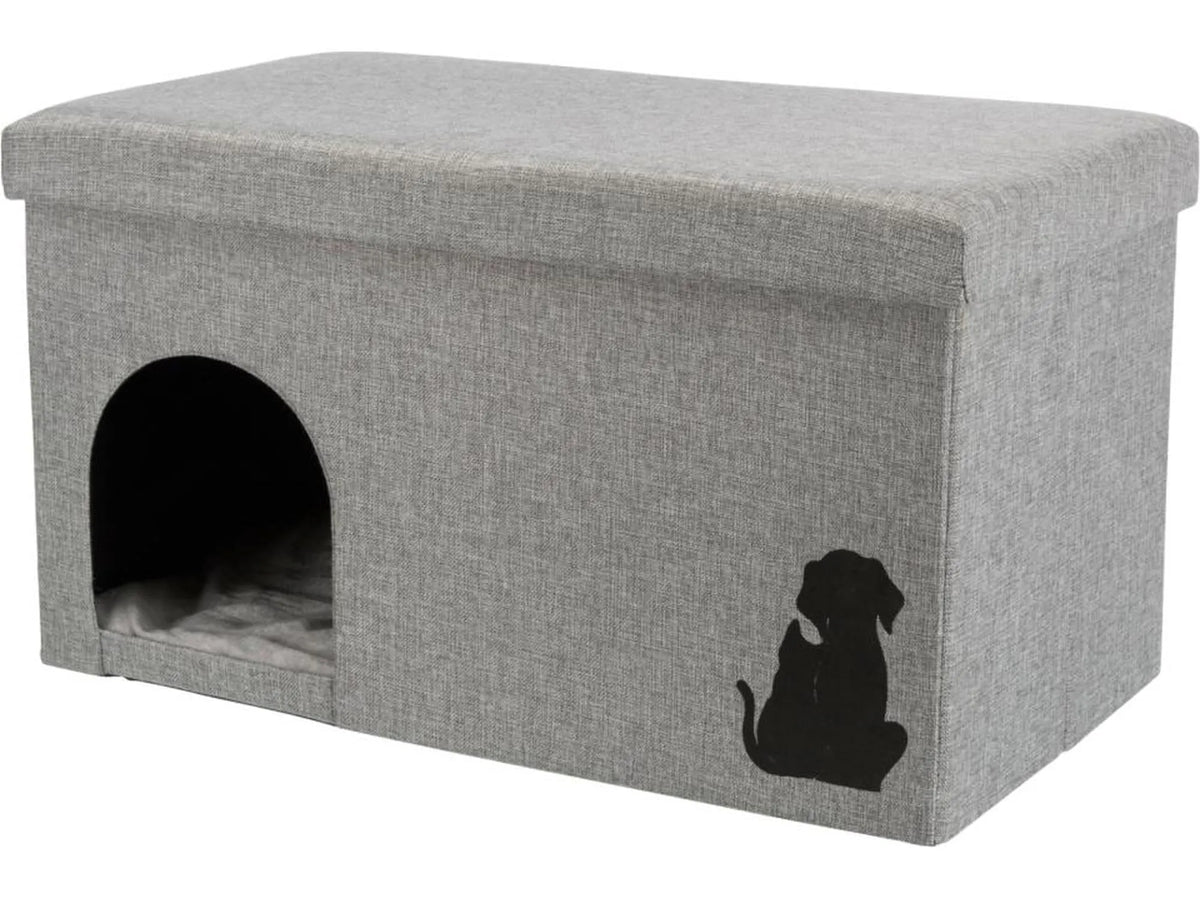 Grå Trixie Kimy hule for katt, en rektangulær tekstilseng med buet inngang og hundesilhuett.