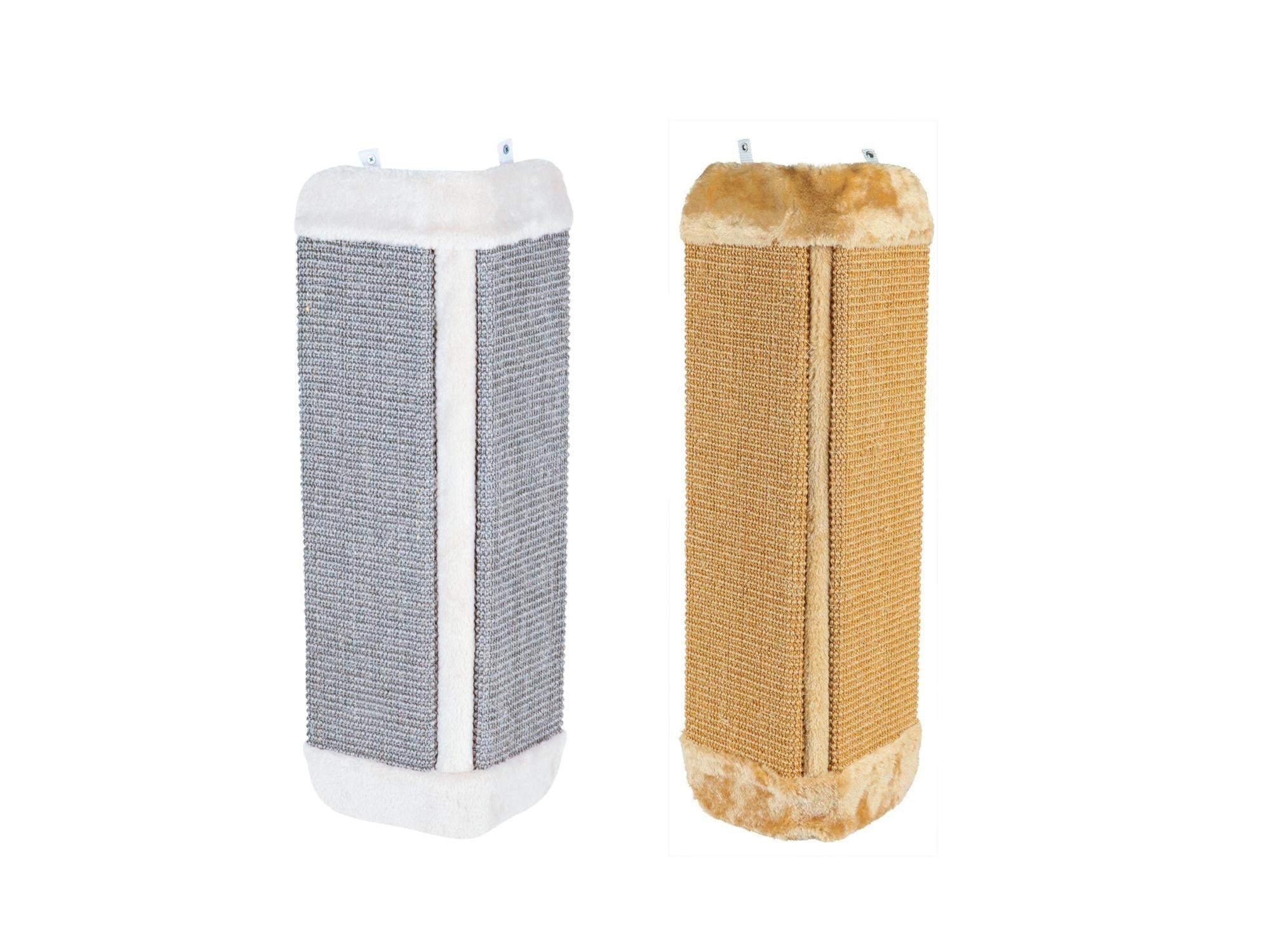 To Trixie hjørne klorebrett for katt, ett i grått og hvitt, ett i brunt og beige.