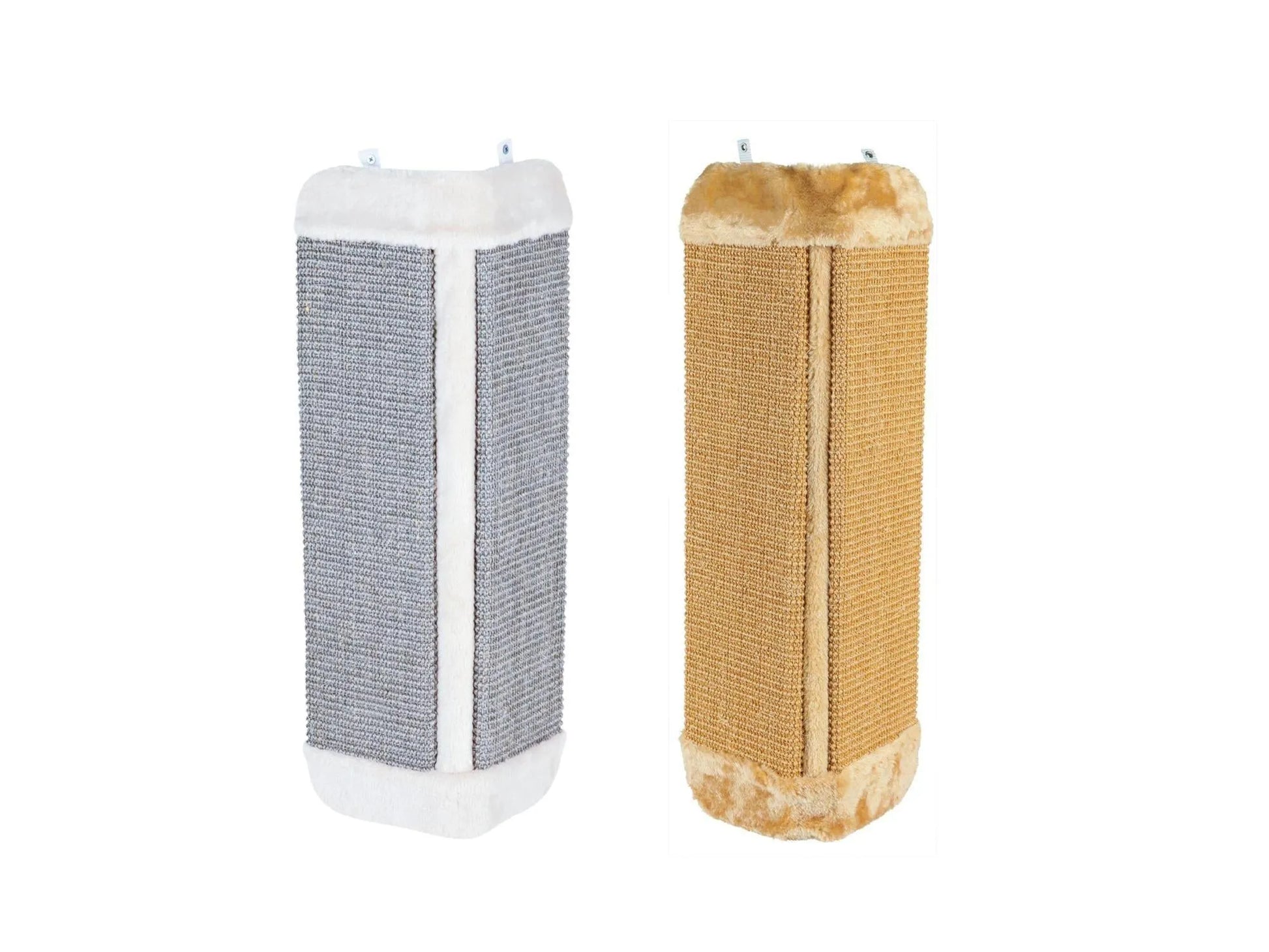 To Trixie hjørne klorebrett for katt, ett i grått og hvitt, ett i brunt og beige.