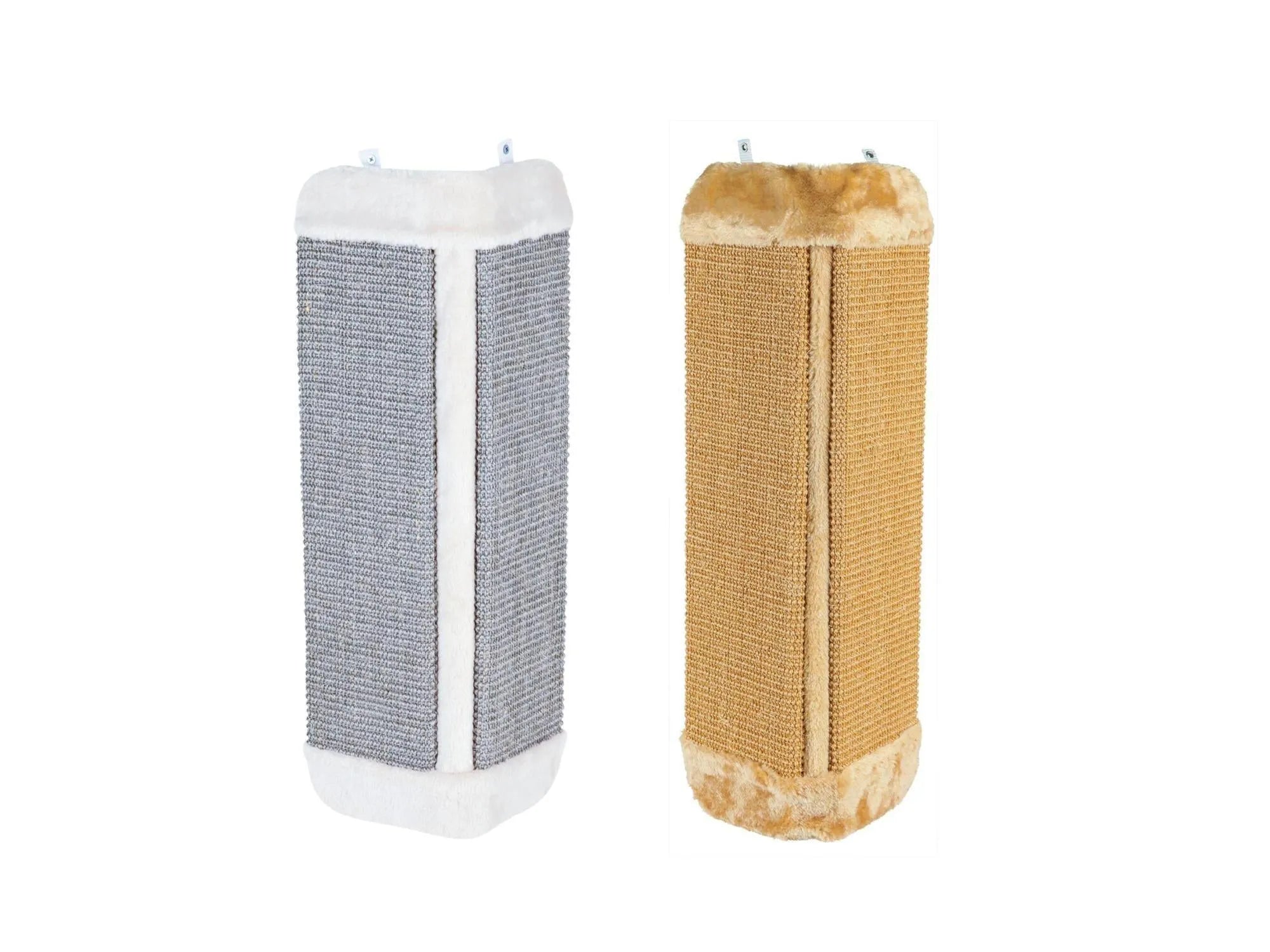 To Trixie hjørne klorebrett for katt, ett i grått og hvitt, ett i brunt og beige.