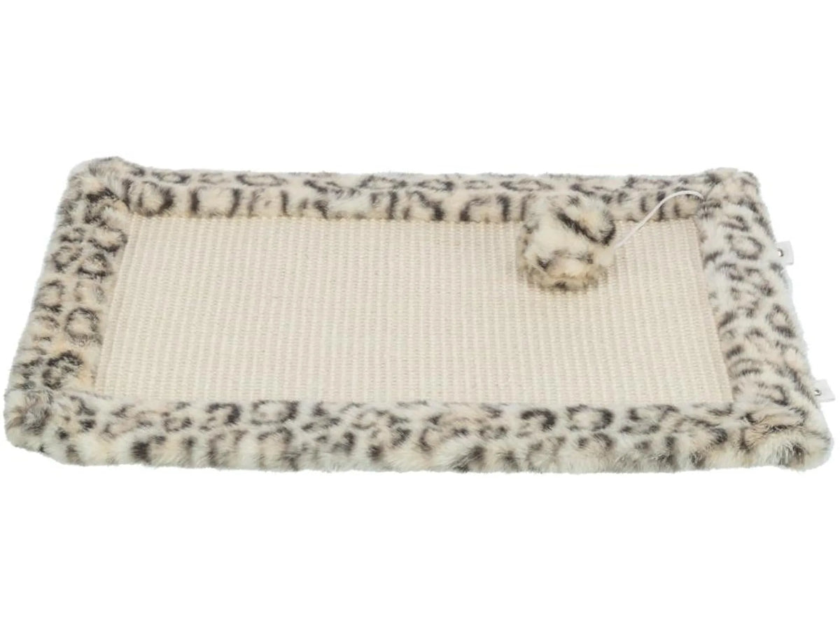 Trixie Klorematte Leo 55x35cm med beige sisaloverflate og myk, leopardmønstret plysjkant, inkludert en liten ball.