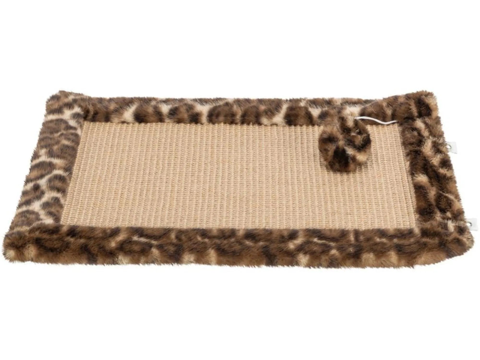 Trixie Klorematte Leo Brun 55x35cm, en rektangulær klorematte med beige sisal og brun leopardmønstret plysjkant, inkludert en liten ball.