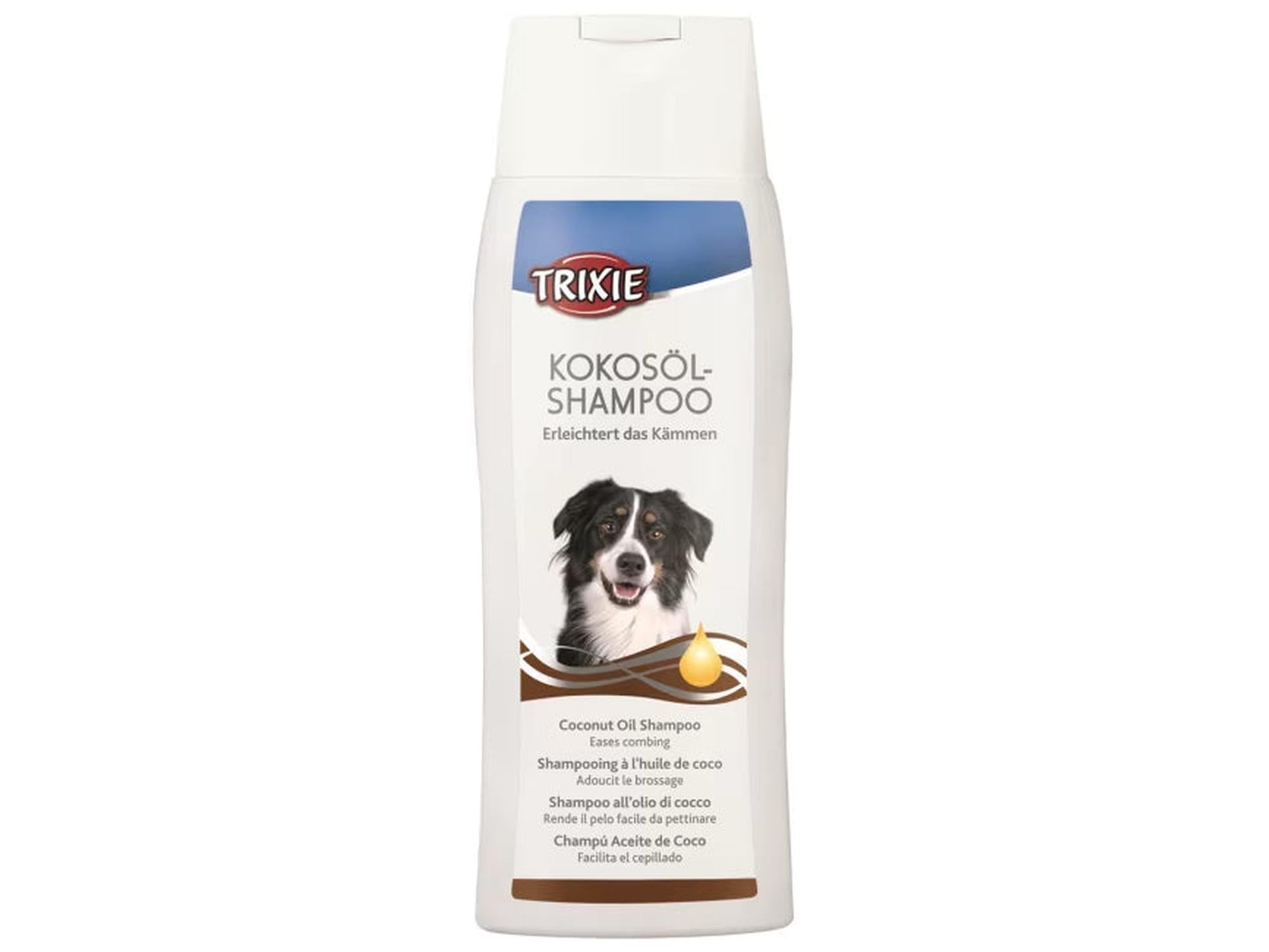 Trixie Kokosnøtt Shampoo 250 ml for hunder, hvit flaske med blå etikett og bilde av en hund.