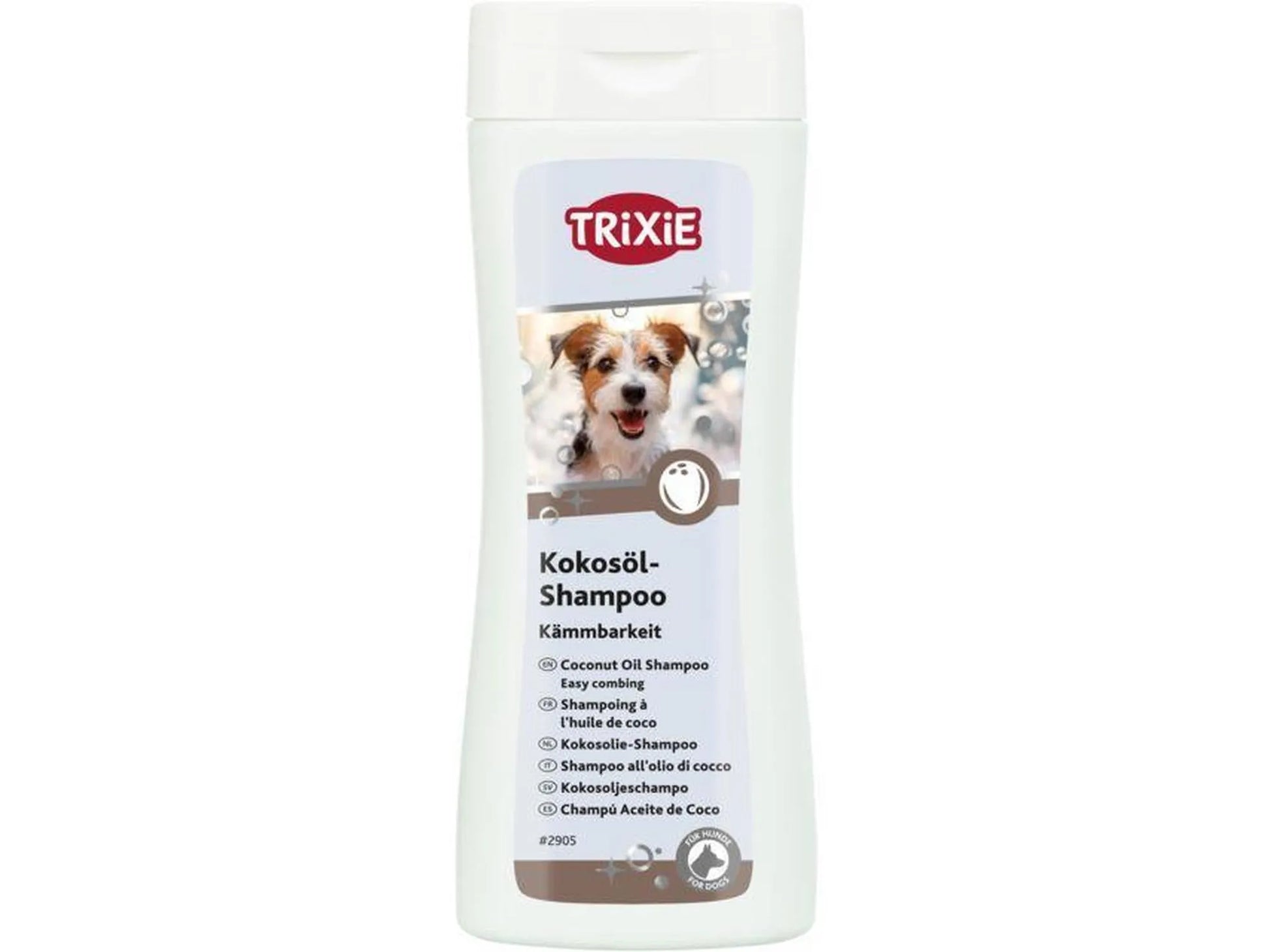 Trixie Kokosnøtt Shampoo 250 ml for hund, hvit flaske med bilde av en hund og tekst.