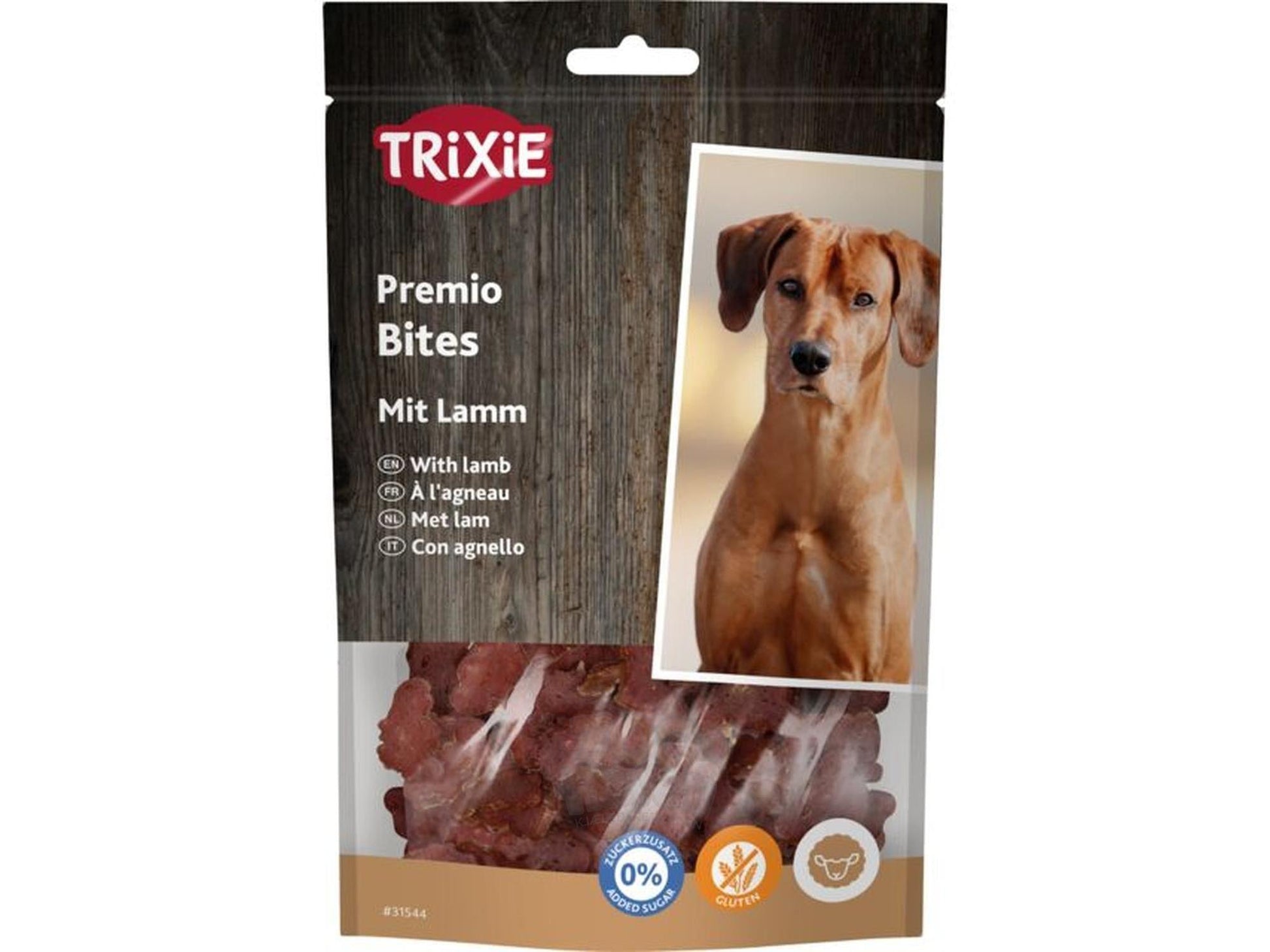 Trixie Premio Bites hundegodbit med lam i gjenlukkbar pose, med bilde av en hund.
