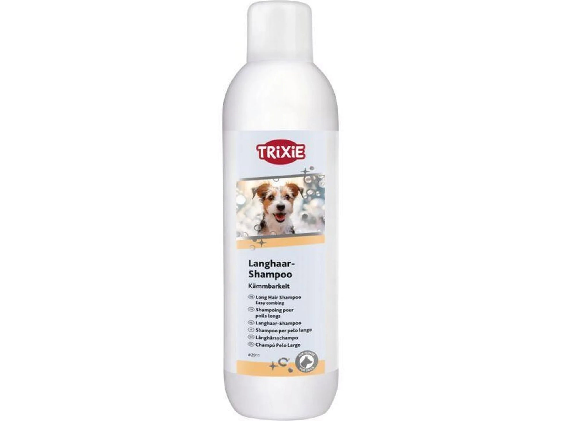 Trixie Langhår Shampoo 250 ml flaske med hvit etikett, hundebilde, og tekst for enkel greing.
