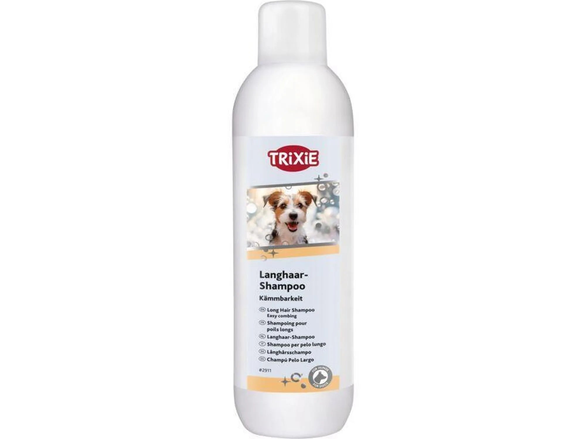 Trixie Langhår Shampoo 250 ml flaske med hvit etikett, hundebilde, og tekst for enkel greing.