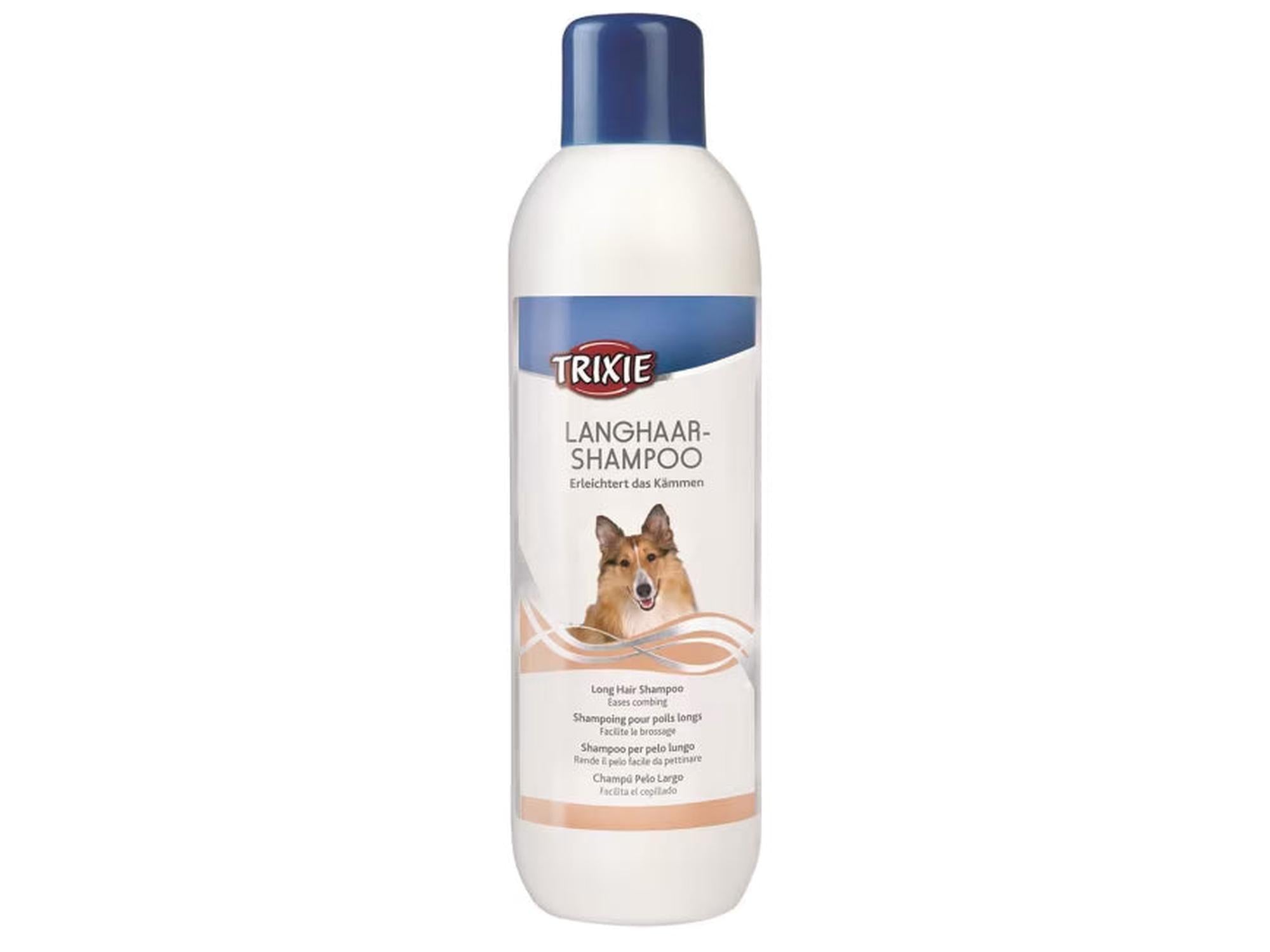 Trixie Langhår Shampoo 250 ml flaske med blå kork og bilde av en langhåret hund.
