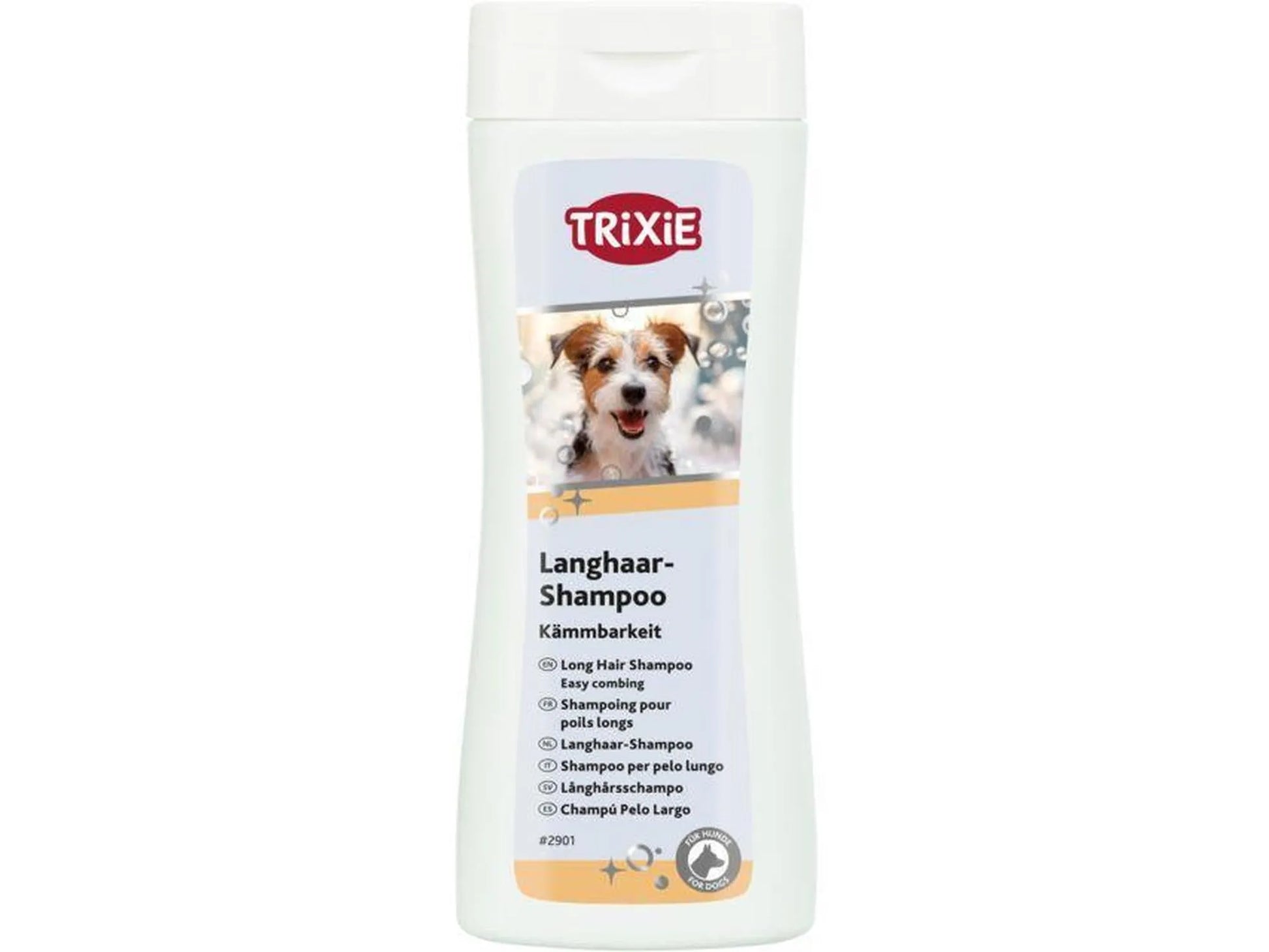 Trixie Langhår Shampoo 250 ml flaske med hvit kork og etikett som viser en hund.