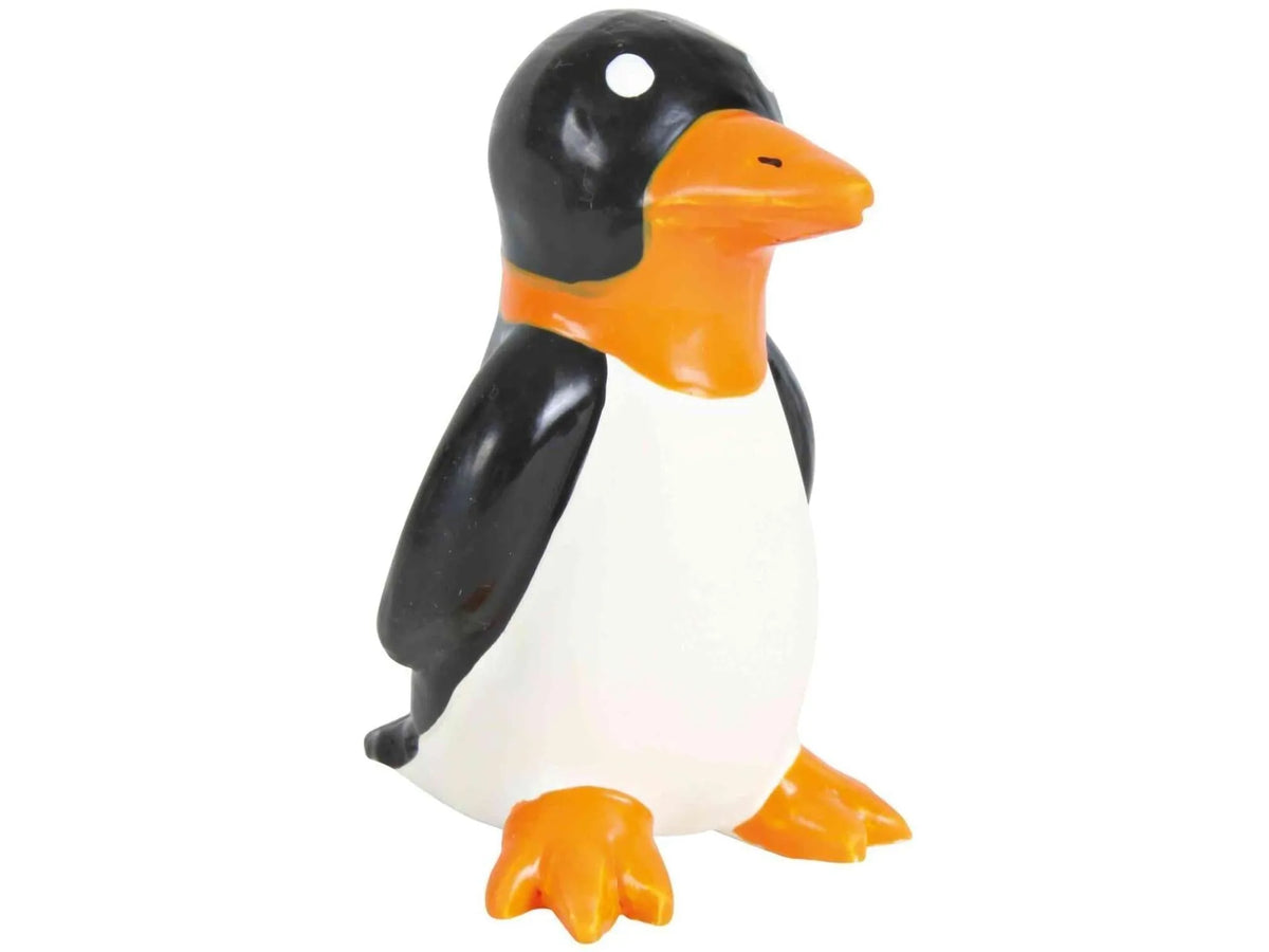 Svart og hvit latex pingvin hundeleke med oransje nebb og føtter, for små hunder.