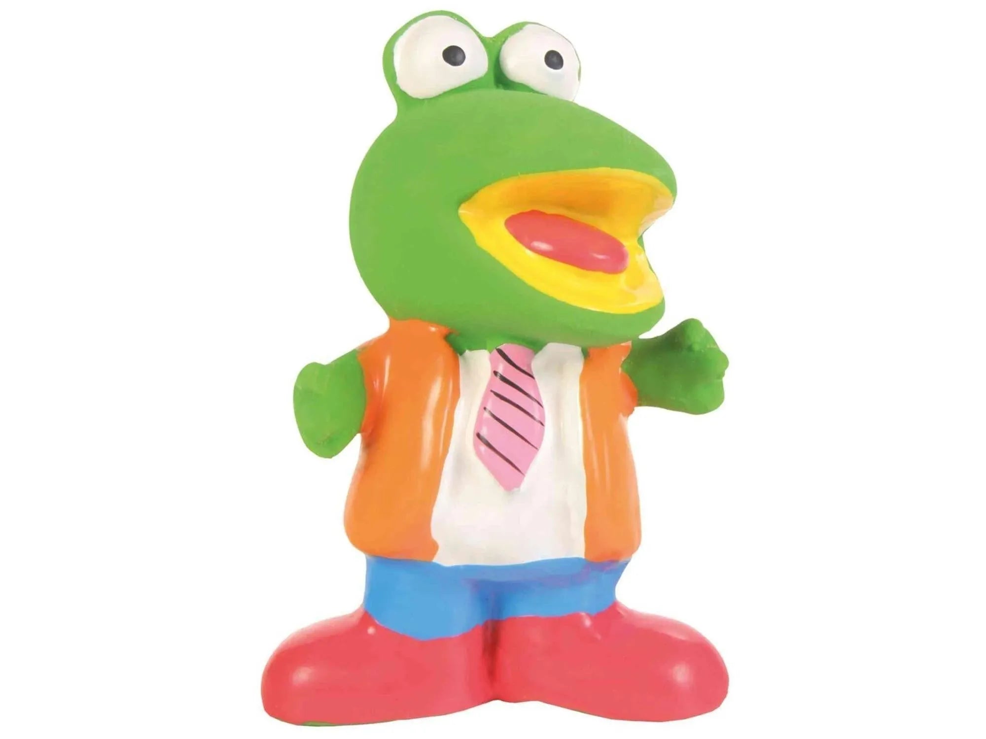 Grønn froskefigur i latex med oransje jakke, blå bukse, rød sko og rosa slips. Pipelyd.