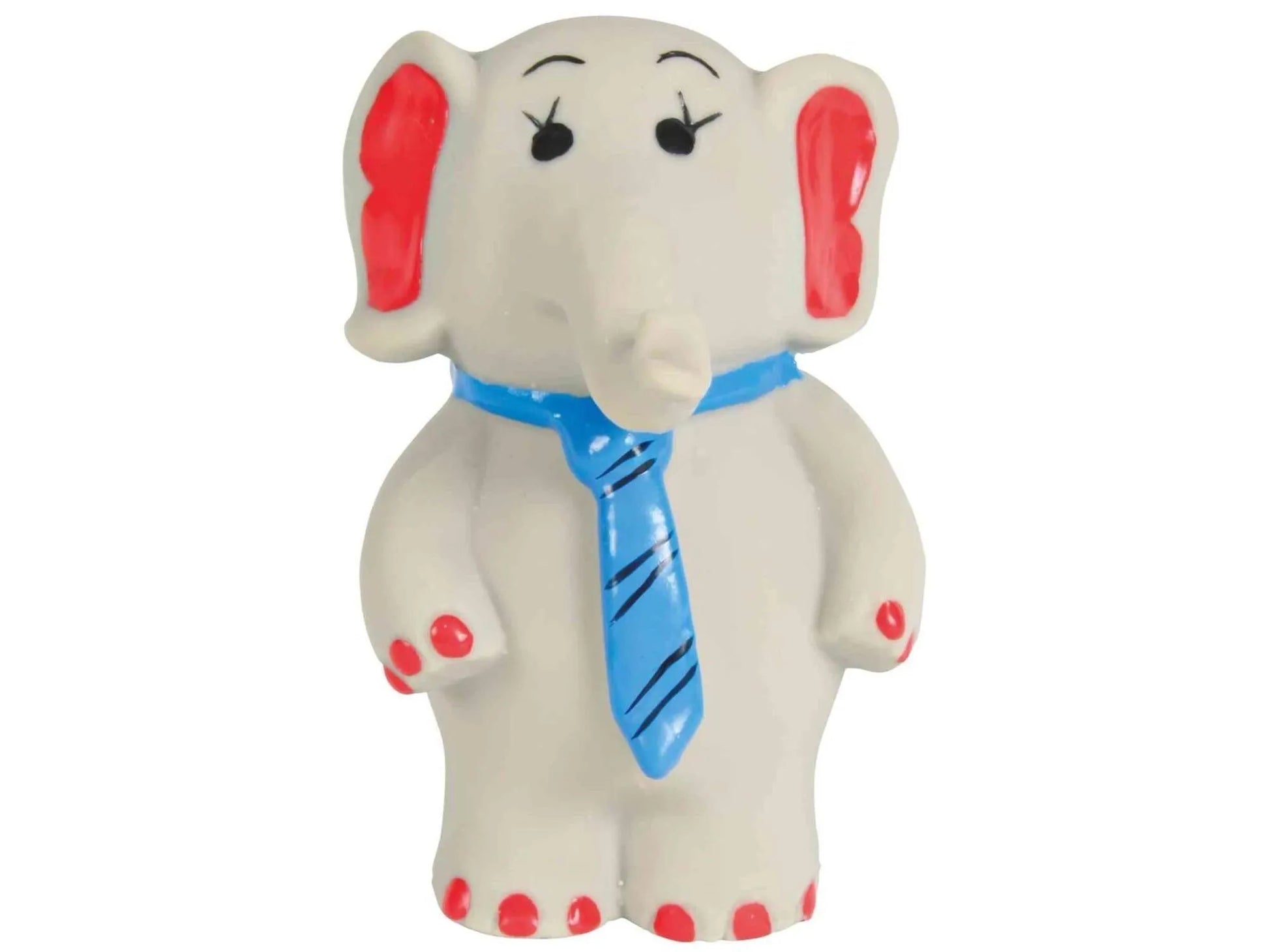 Hvit latex elefant hundeleke med røde ører/føtter og blått slips.