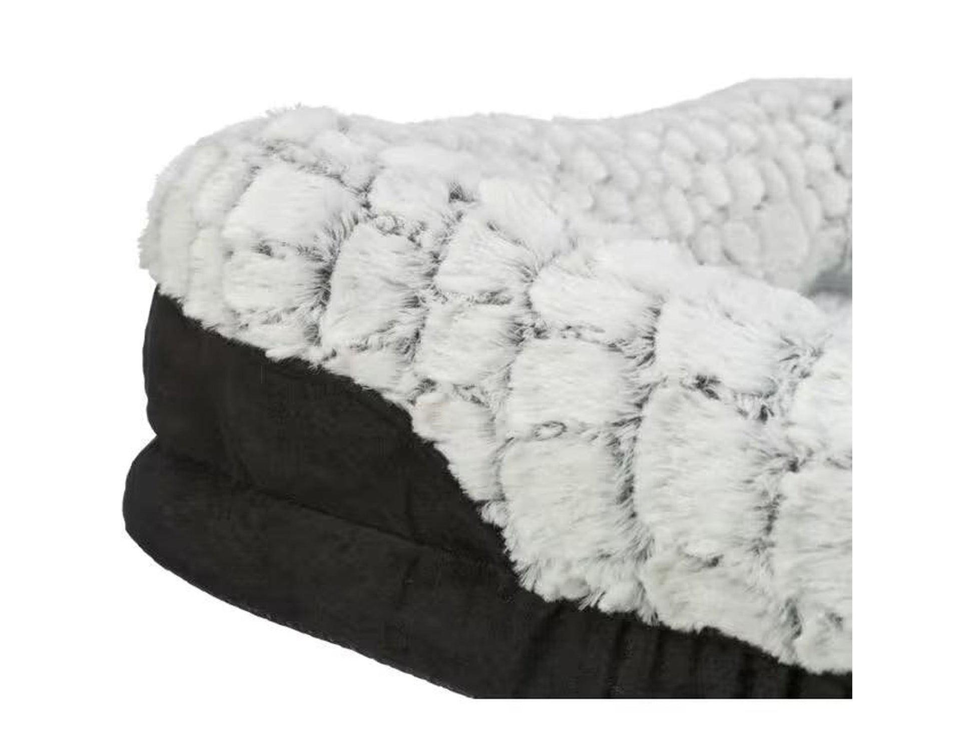 Trixie Lino Vital ortopedisk hundeseng med sort velur og myk, hvit strukturert plysjkant.