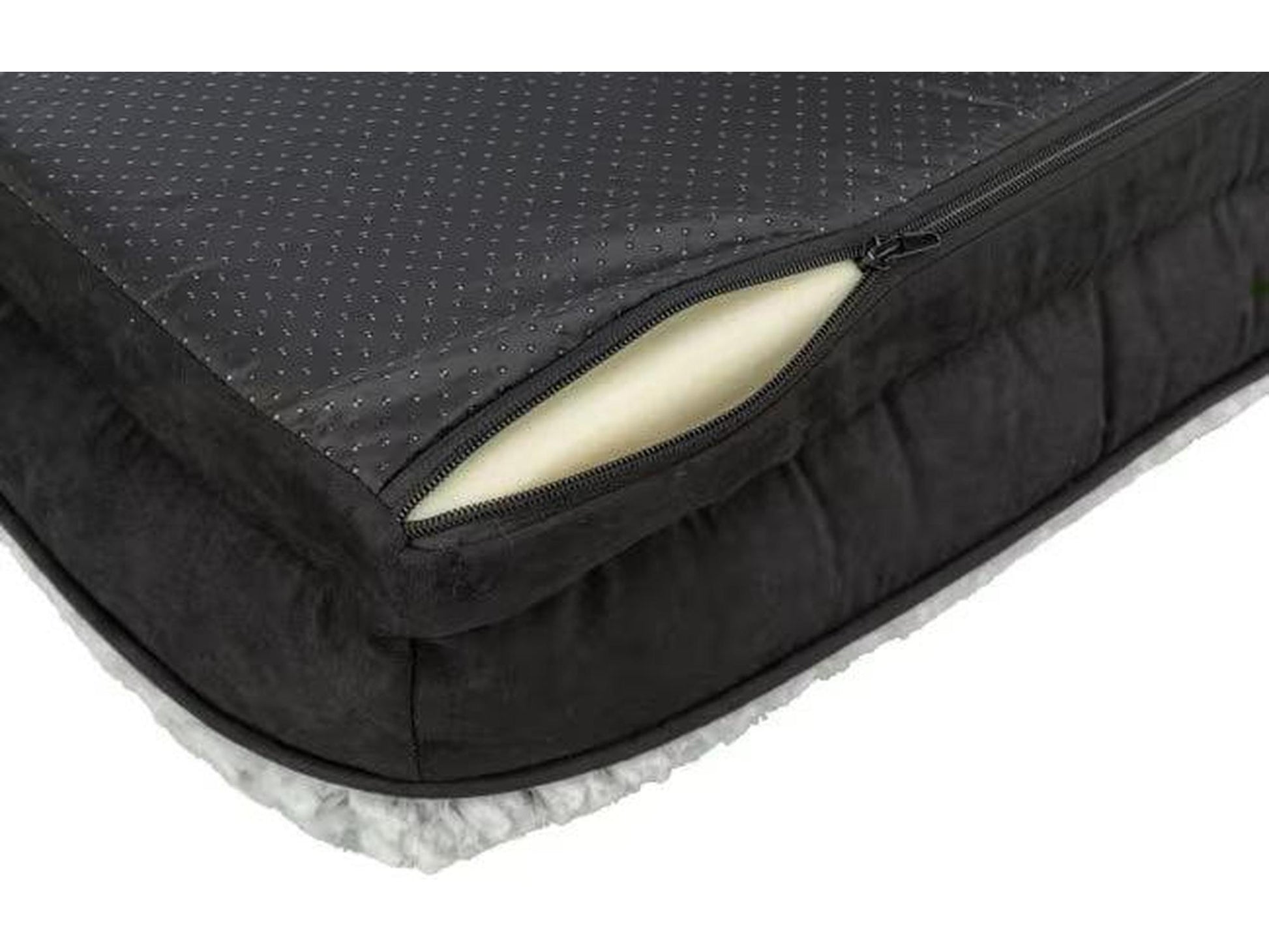 Svart ortopedisk hundeseng med memory foam, sklisikker bunn og avtakbart trekk i myk plysj.