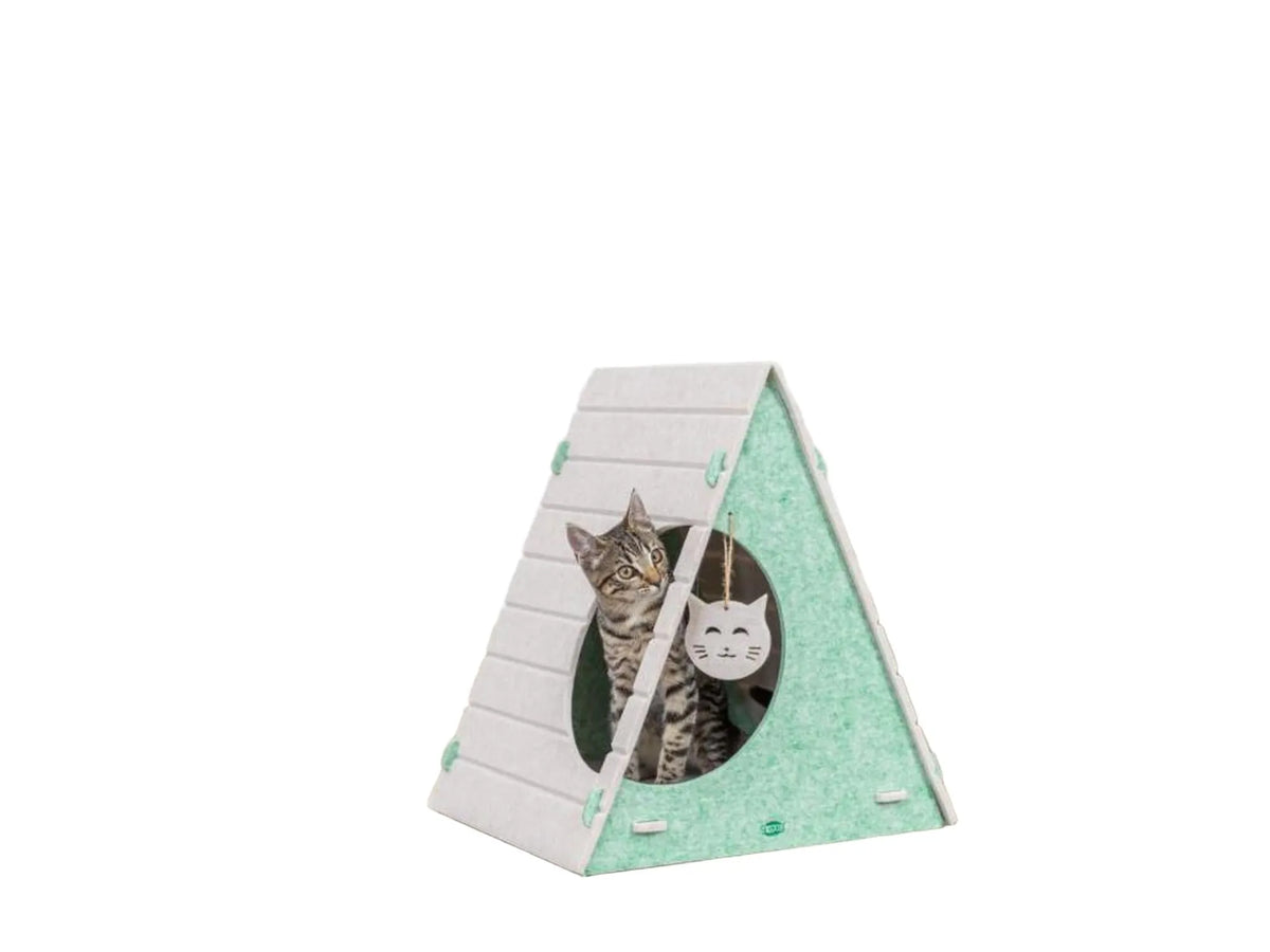 Trixie Lucy trekantet kattehule i beige og grønn filt med to innganger og en kattunge inni.
