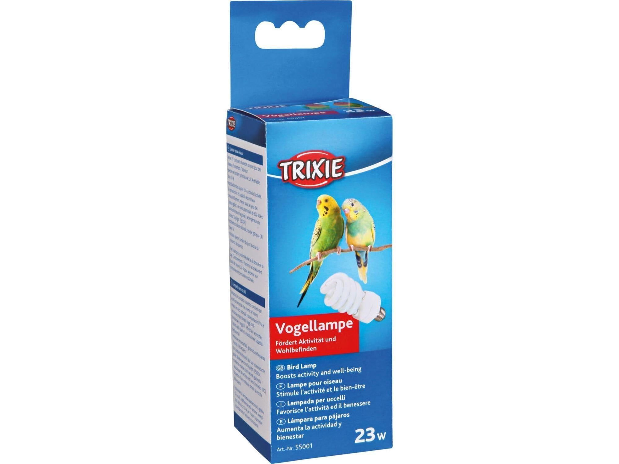 Trixie UV-lyspære for fugl 23W i blå og hvit eske med undulater og spiralpære.