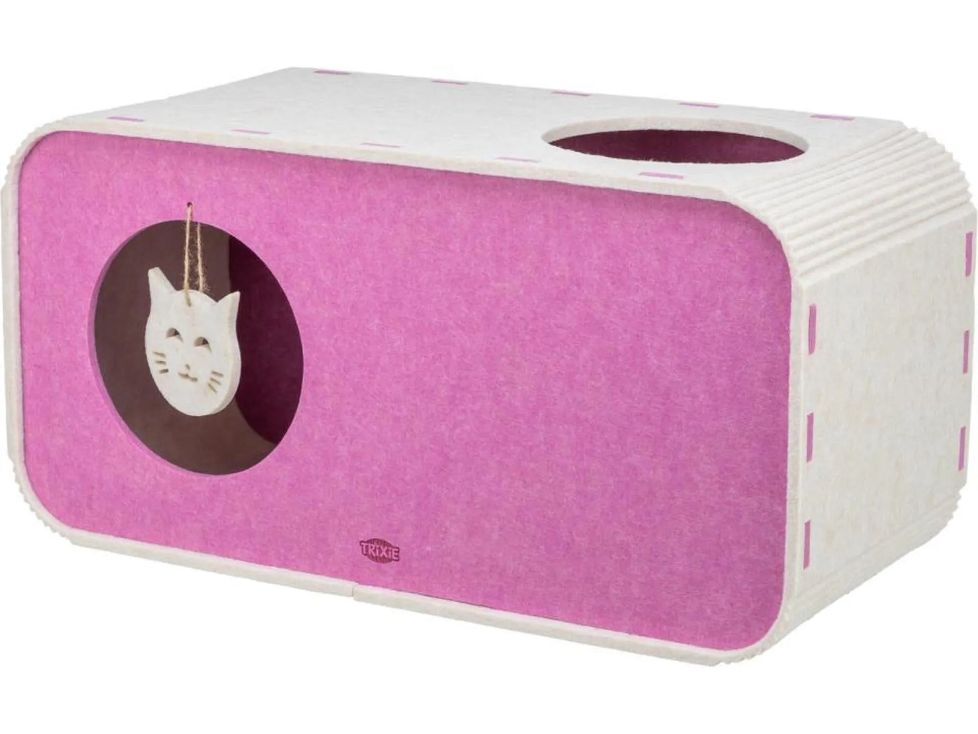 Firkantet Trixie Merle kattehule i rosa og hvit filt med to innganger og en katteleke.