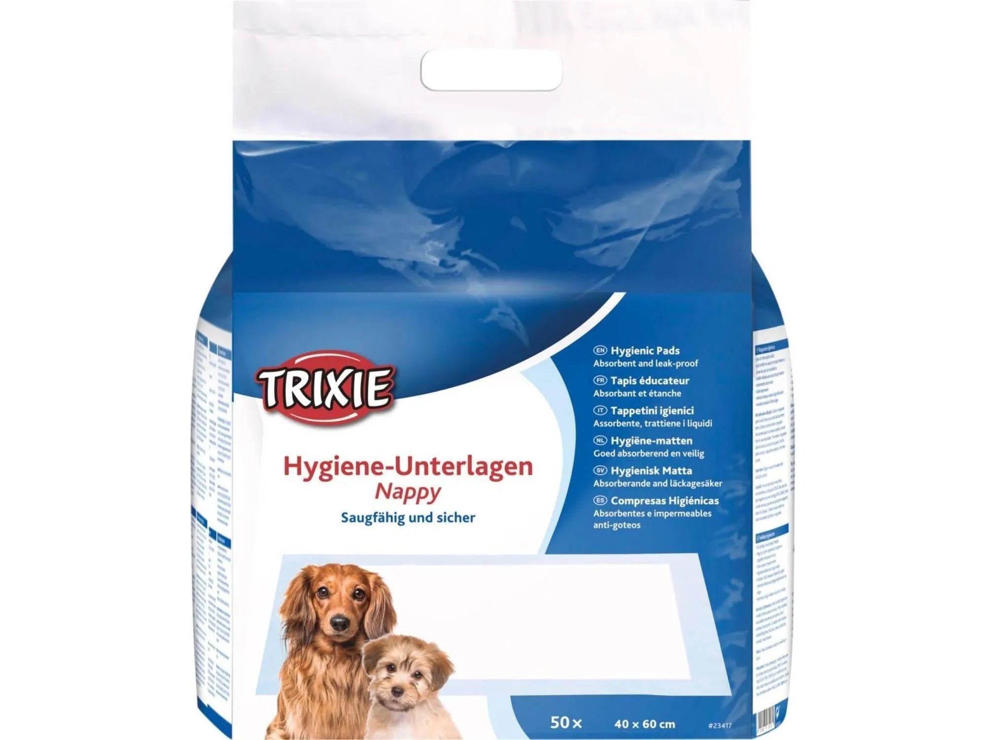 Trixie Nappy Valpeunderlag, en pakke med 50 hvite og blå absorberende hygieneunderlag for valper.