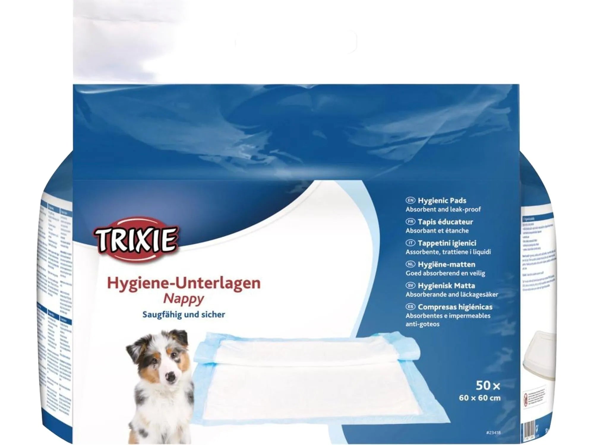 Trixie Nappy Valpeunderlag, blå og hvit pakke med en valp og en absorberende matte.
