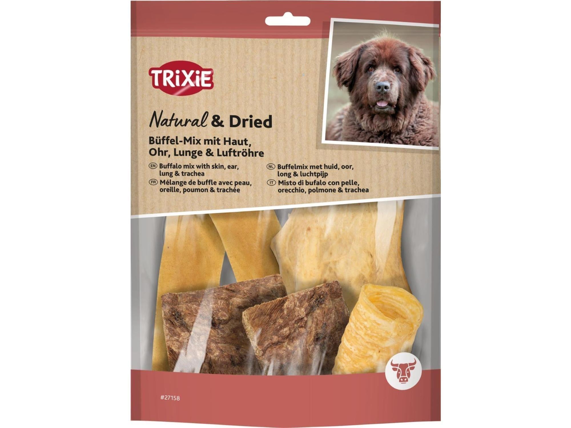 Trixie Natural & Dried Buffalo Mix hundesnacks i brun og beige emballasje med synlige bøffelbiter.