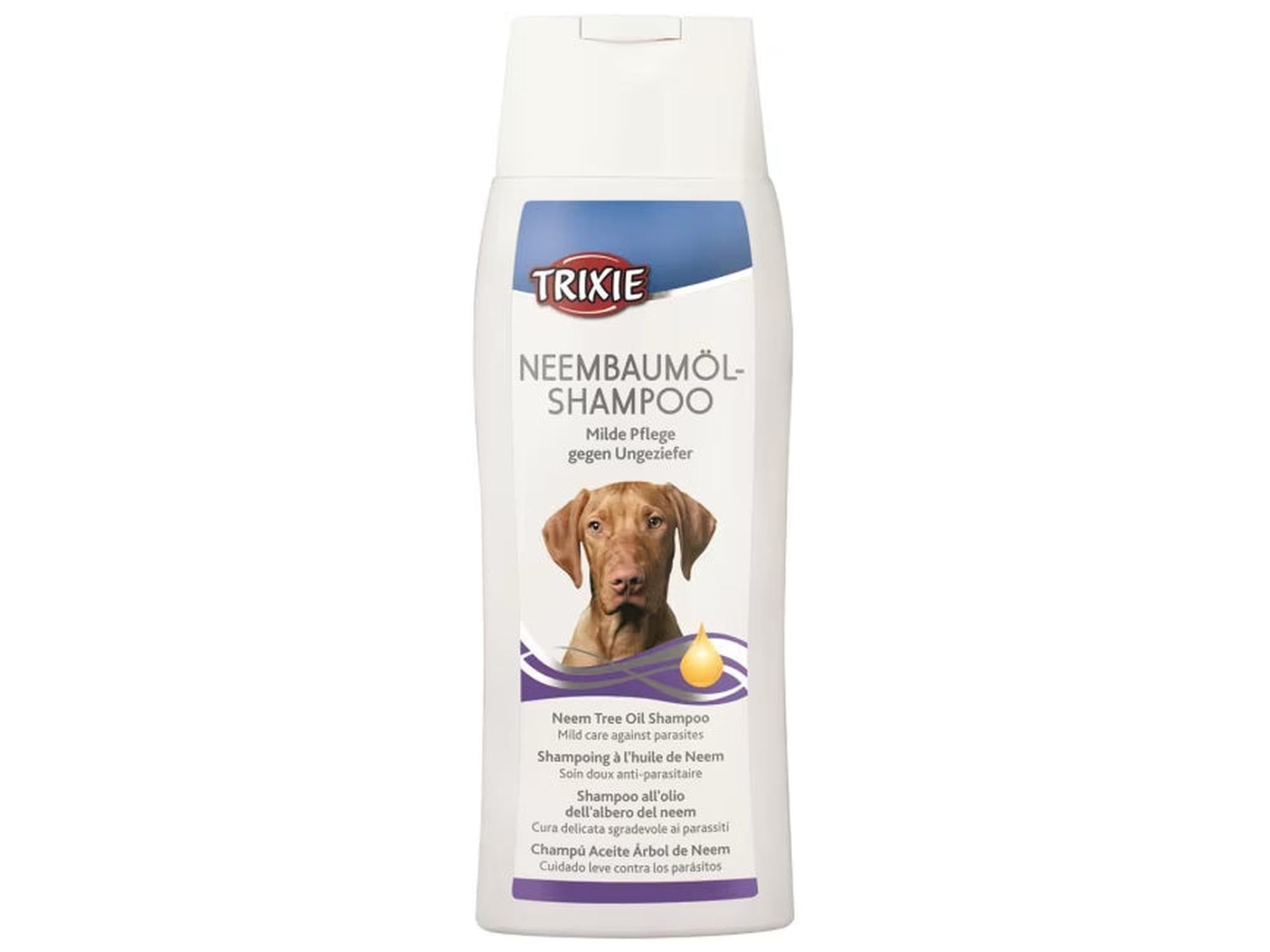 Trixie Neembaumöl-Shampoo 250 ml flaske med hundebilde, hvit og blå etikett.