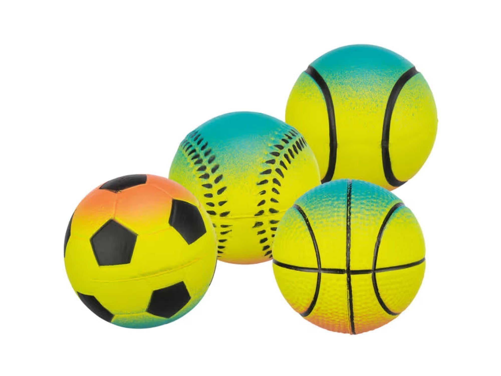 Fire Trixie Neonball hundeleker i skumgummi, 7 cm, med fotball-, baseball-, tennis- og basketballmønster i neonfarger.