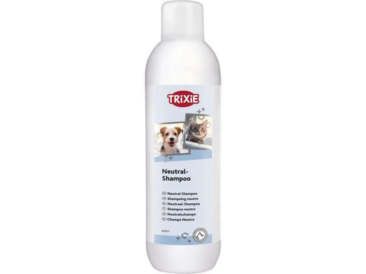 Hvit Trixie Nøytral Shampoo flaske for hund og katt, med bilder av en hund og en katt på etiketten.
