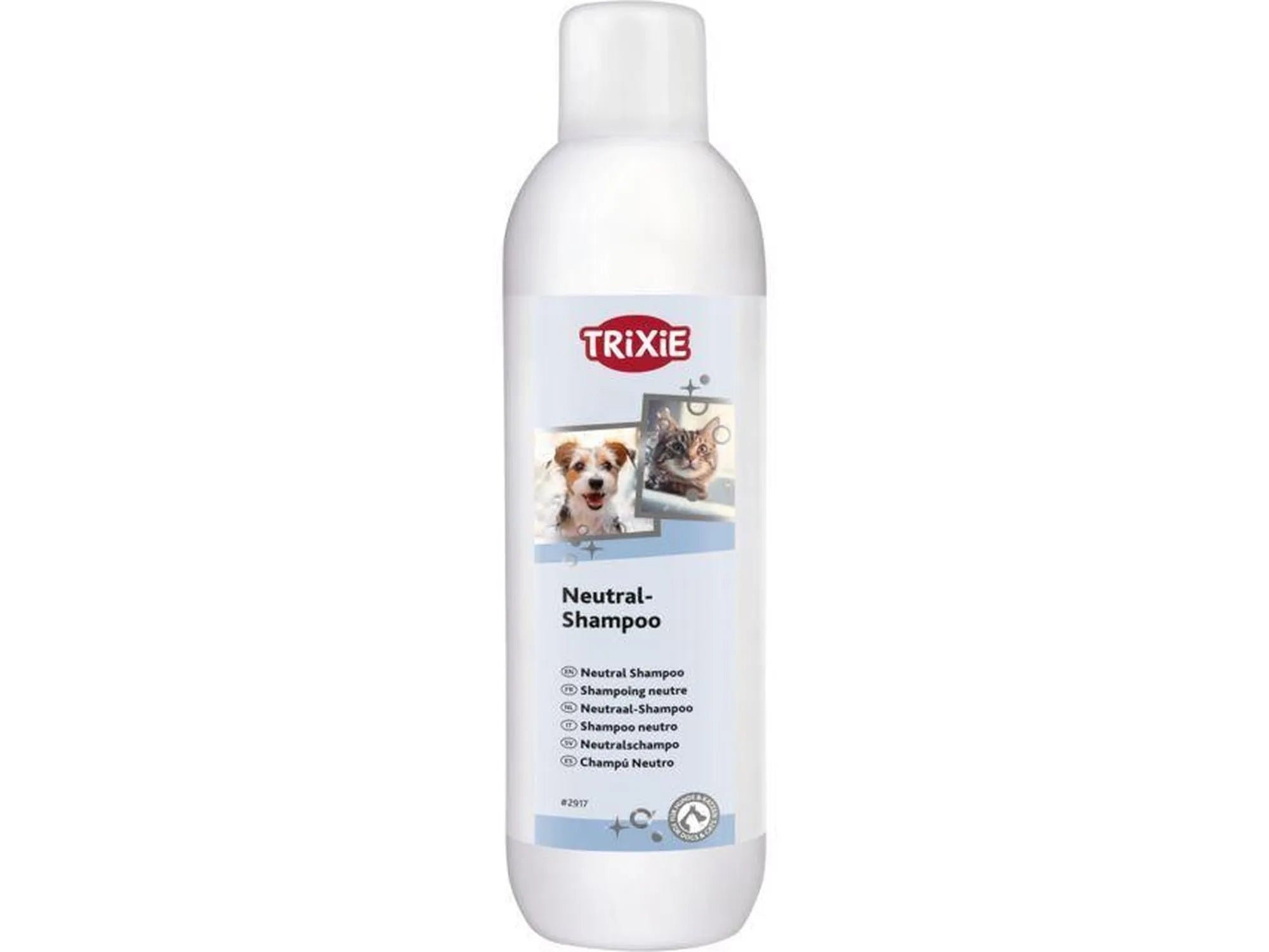 Hvit Trixie Nøytral Shampoo flaske for hund og katt, med bilder av en hund og en katt på etiketten.