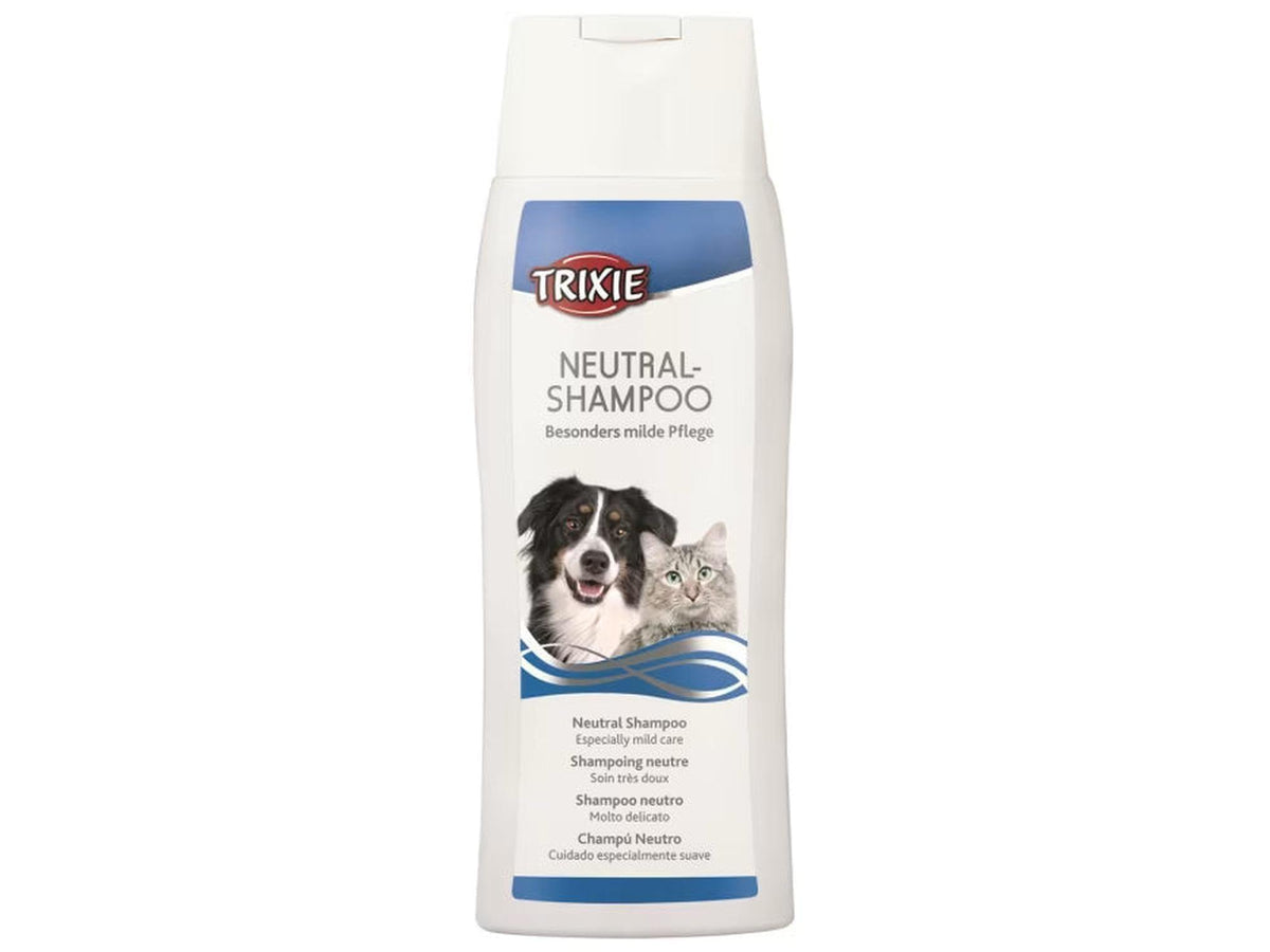 Trixie Nøytral Shampoo for hund og katt, hvit flaske med blå etikett, viser en hund og en katt.