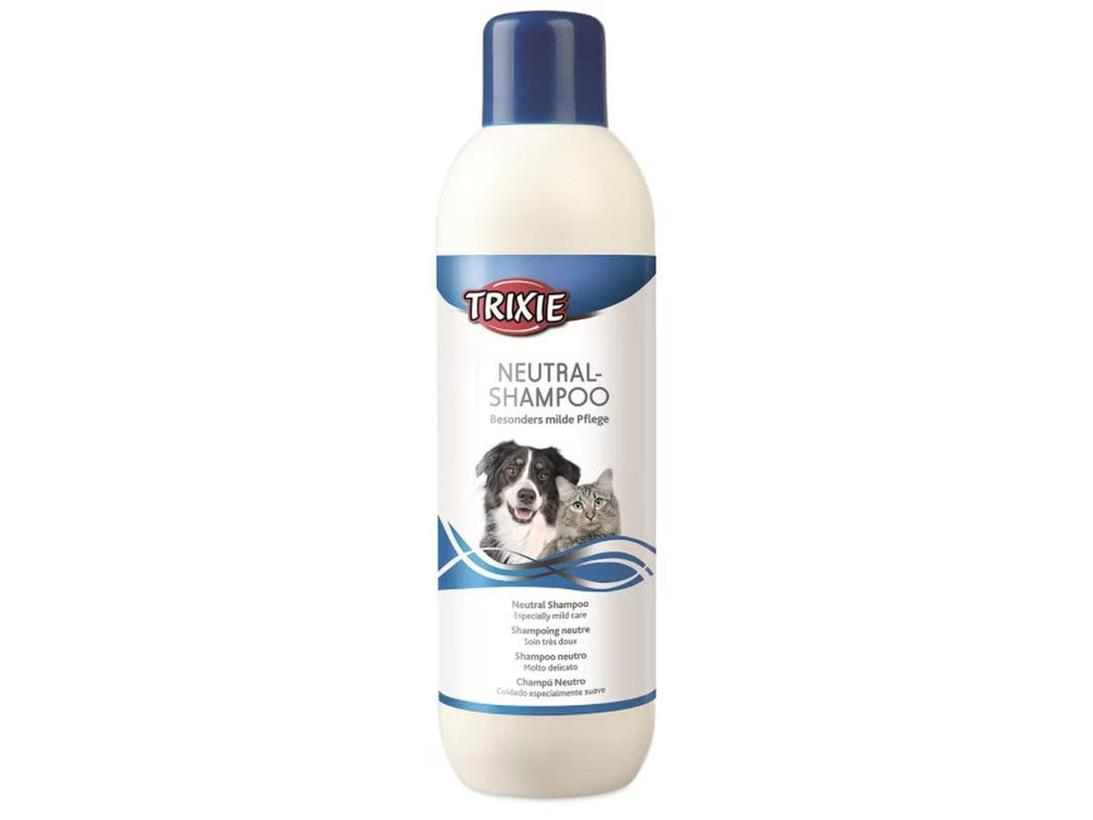 Trixie Nøytral Shampoo for hund og katt, hvit flaske med blå kork og etikett som viser en hund og en katt.