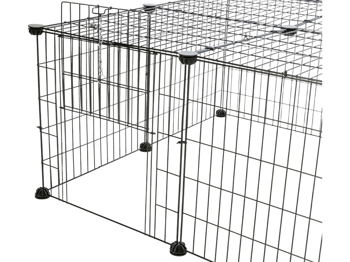 Svart metalltråd luftegård med tak for kaniner/marsvin, 152x38x72 cm, med dørelementer.